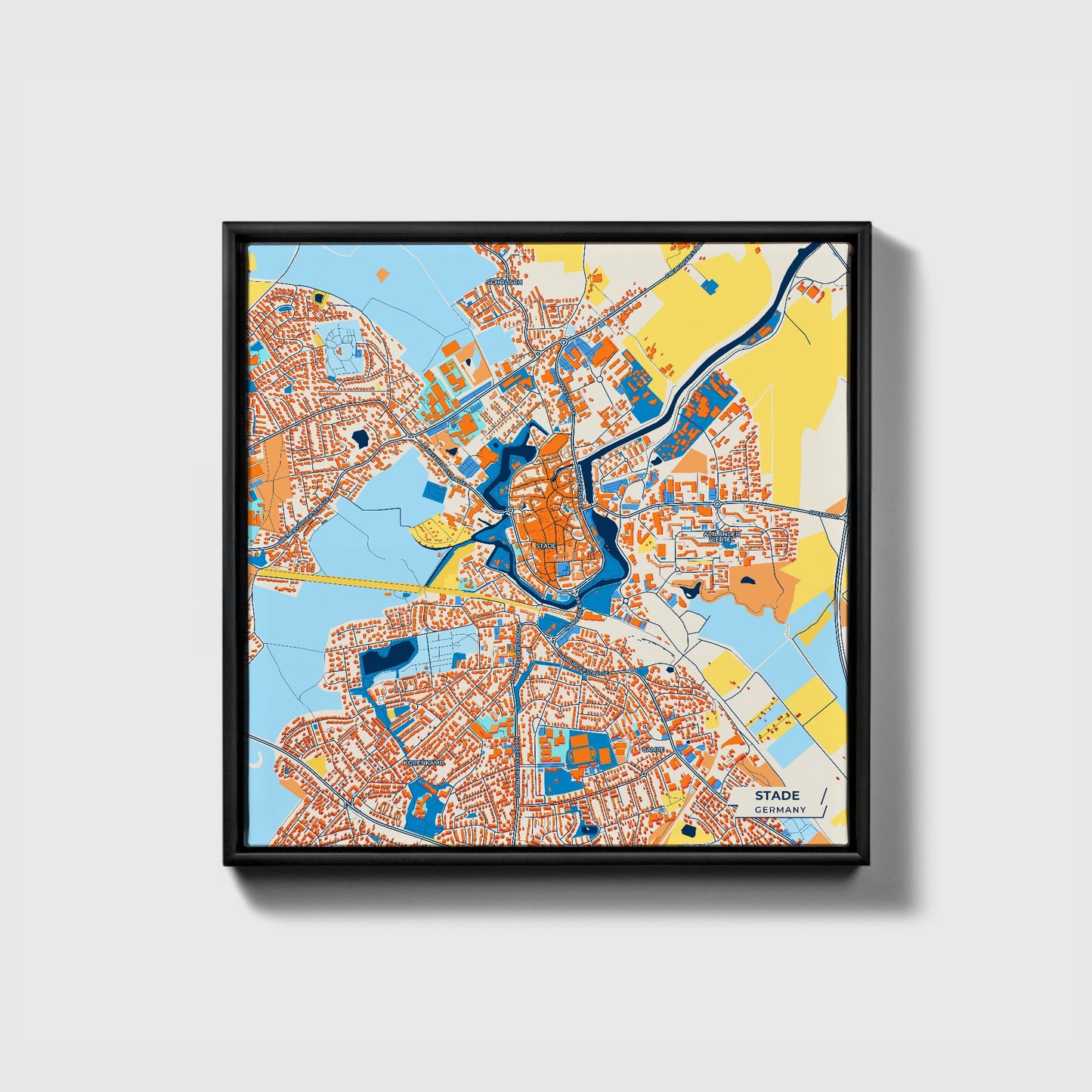 Stade Germany Colorful City Map Canvas Print • Black Framed