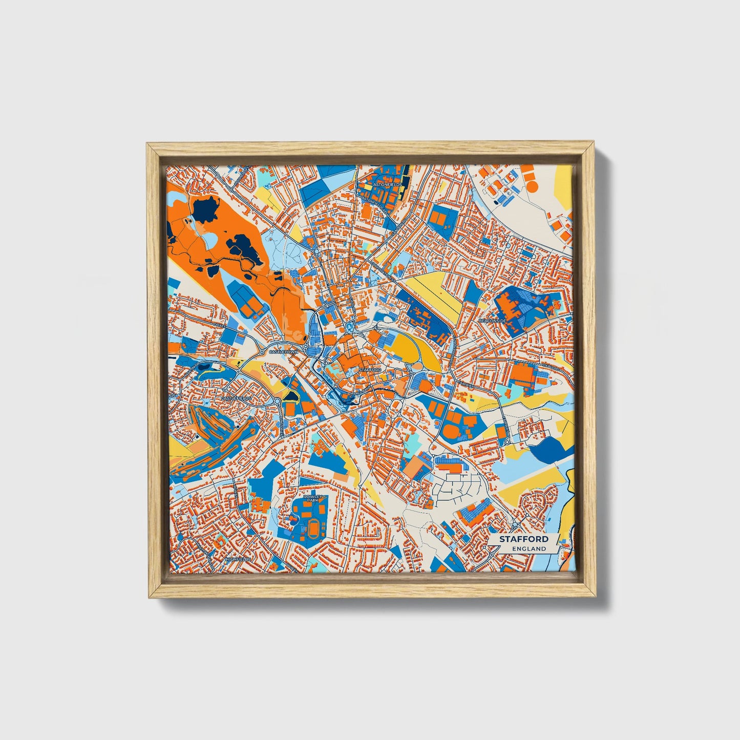 Stafford England Colorful City Map Canvas Print • Natural Wooden Framed