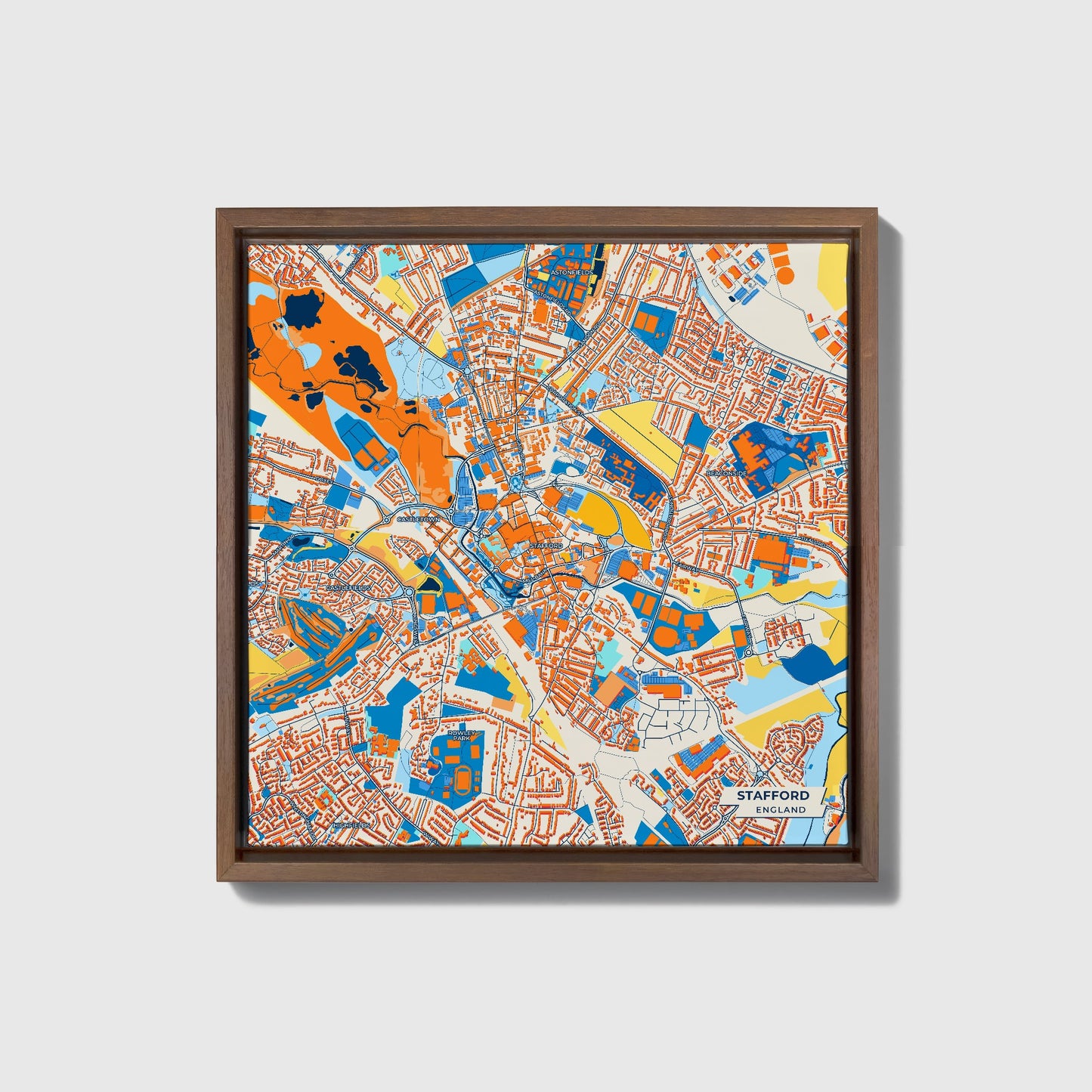 Stafford England Colorful City Map Canvas Print • Dark Wooden Framed