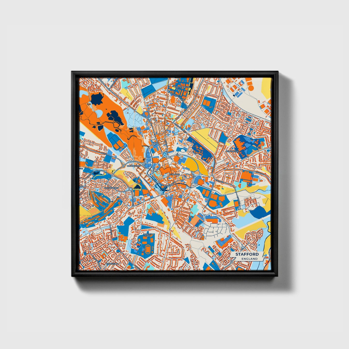Stafford England Colorful City Map Canvas Print • Black Framed