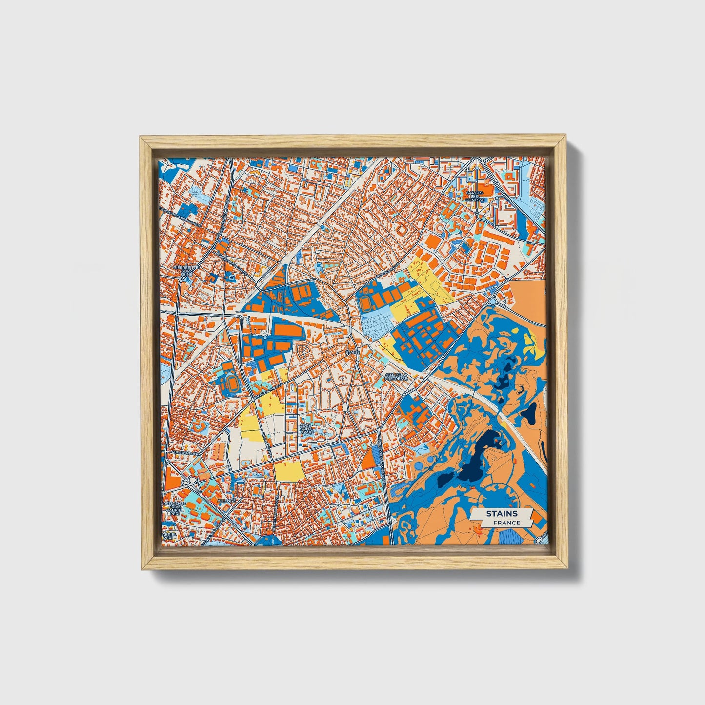 Stains France Colorful City Map Canvas Print • Natural Wooden Framed