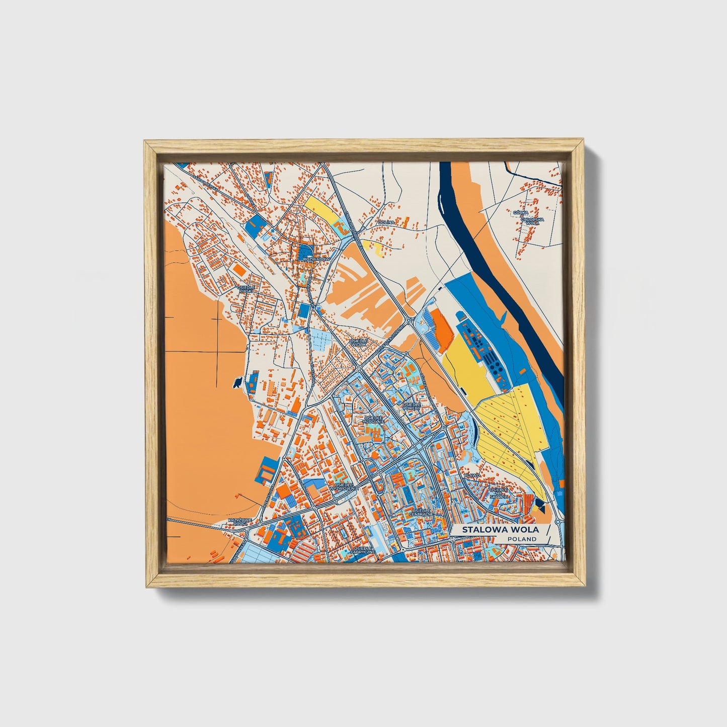 Stalowa Wola Poland Colorful City Map Canvas Print • Natural Wooden Framed