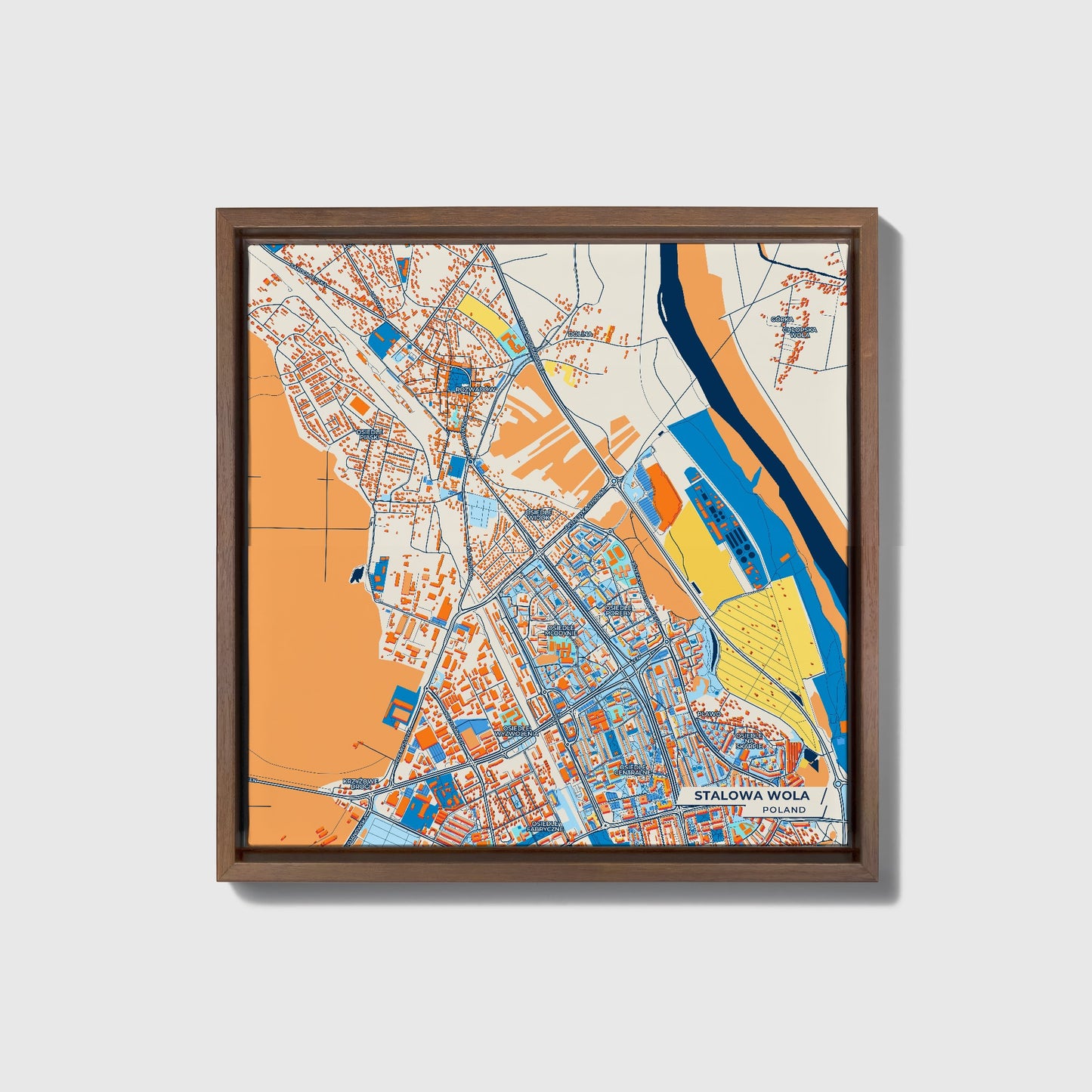 Stalowa Wola Poland Colorful City Map Canvas Print • Dark Wooden Framed
