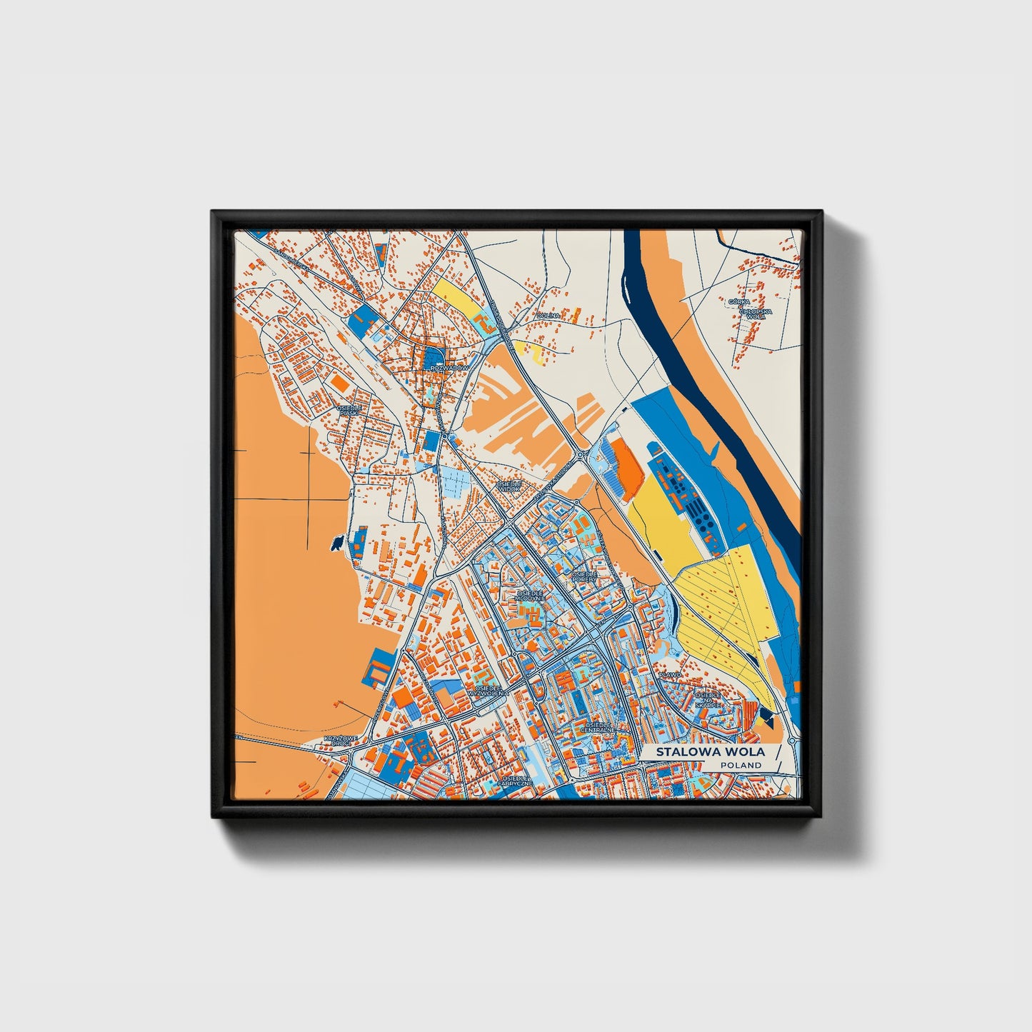 Stalowa Wola Poland Colorful City Map Canvas Print • Black Framed