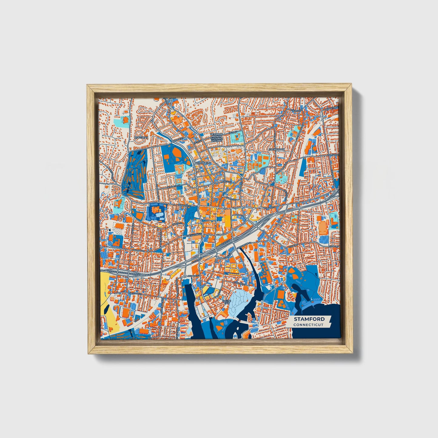 Stamford Connecticut Colorful City Map Canvas Print • Natural Wooden Framed