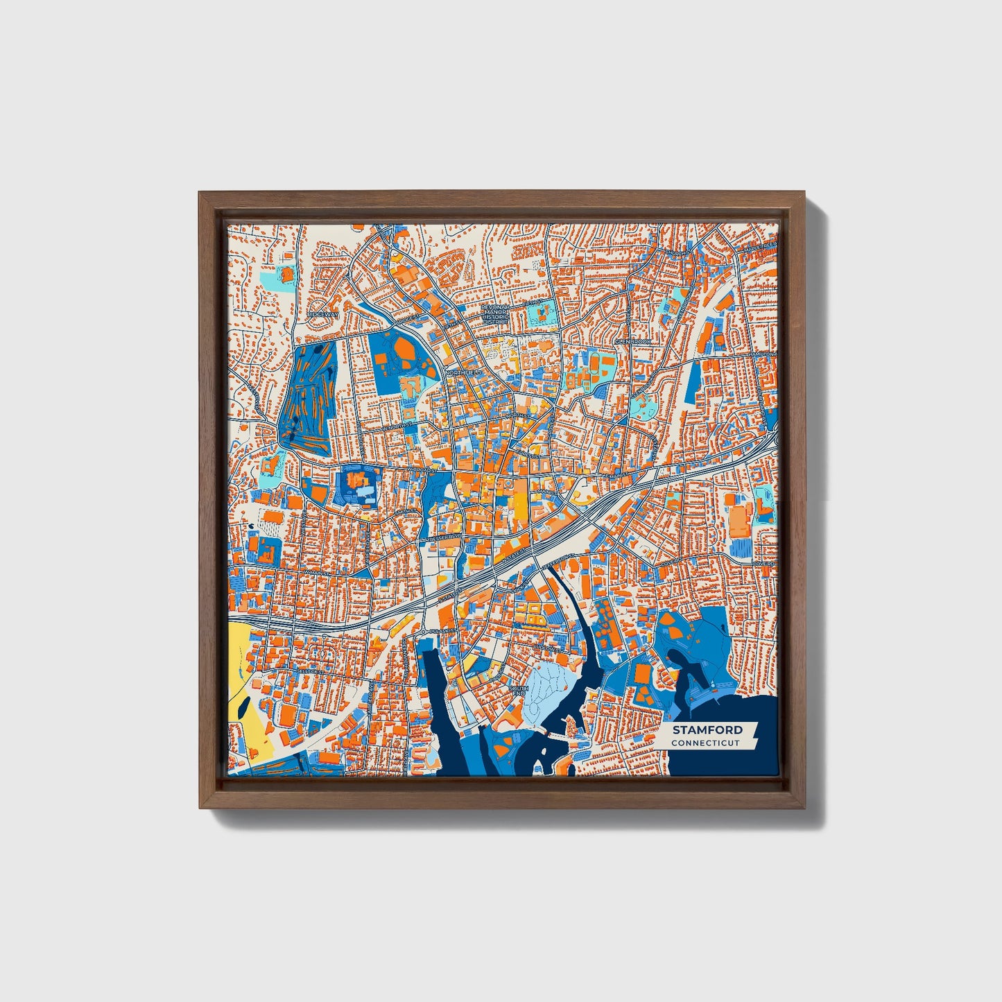 Stamford Connecticut Colorful City Map Canvas Print • Dark Wooden Framed