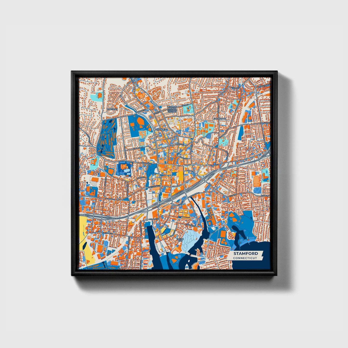 Stamford Connecticut Colorful City Map Canvas Print • Black Framed