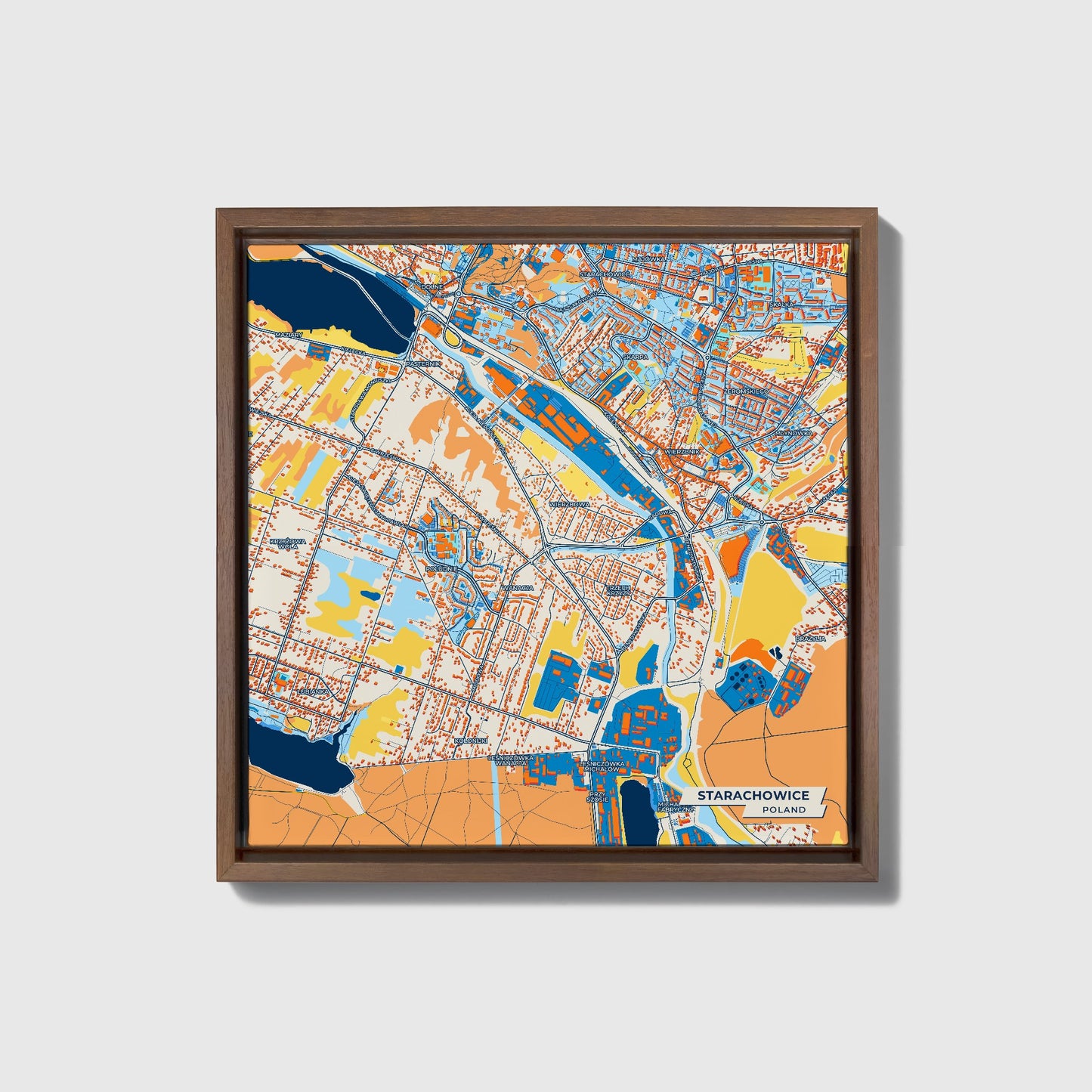 Starachowice Poland Colorful City Map Canvas Print • Dark Wooden Framed