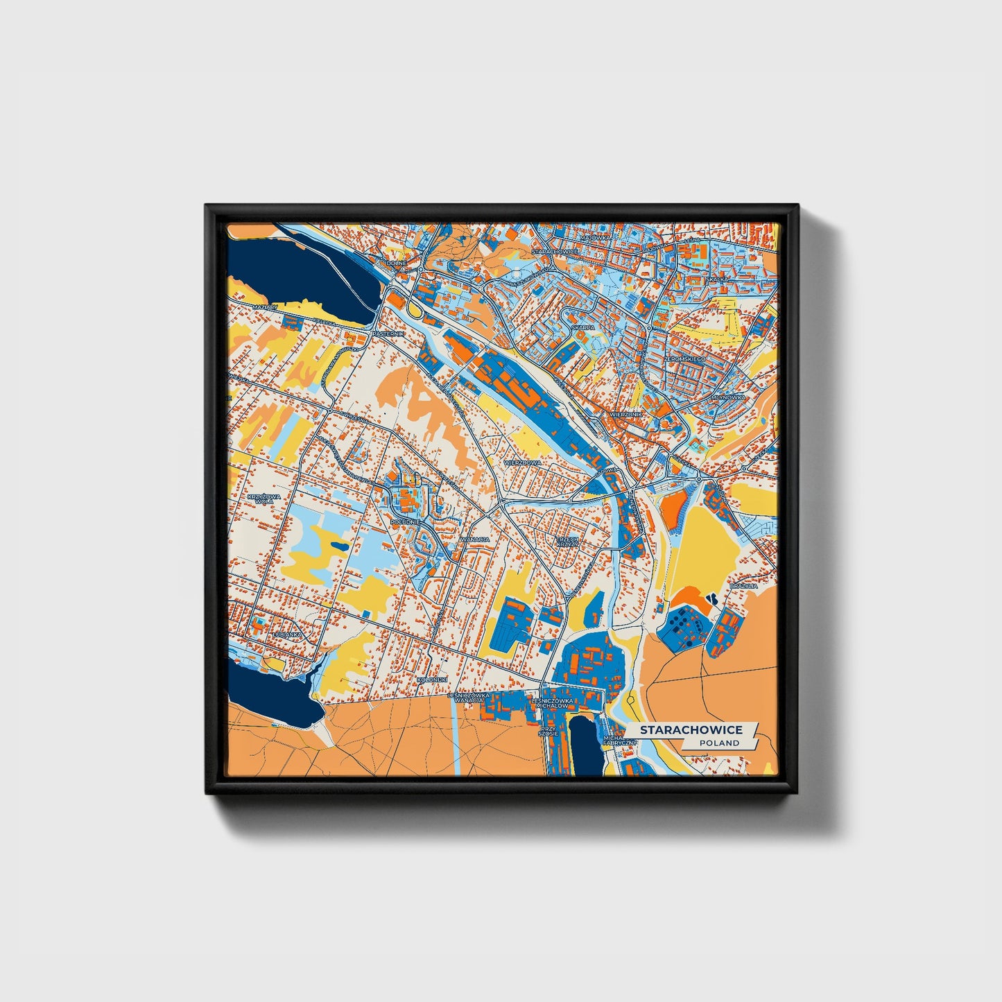 Starachowice Poland Colorful City Map Canvas Print • Black Framed