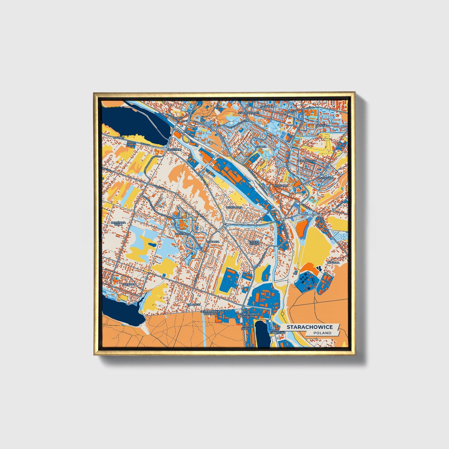 Starachowice Poland Colorful City Map Canvas Print • Gold Framed