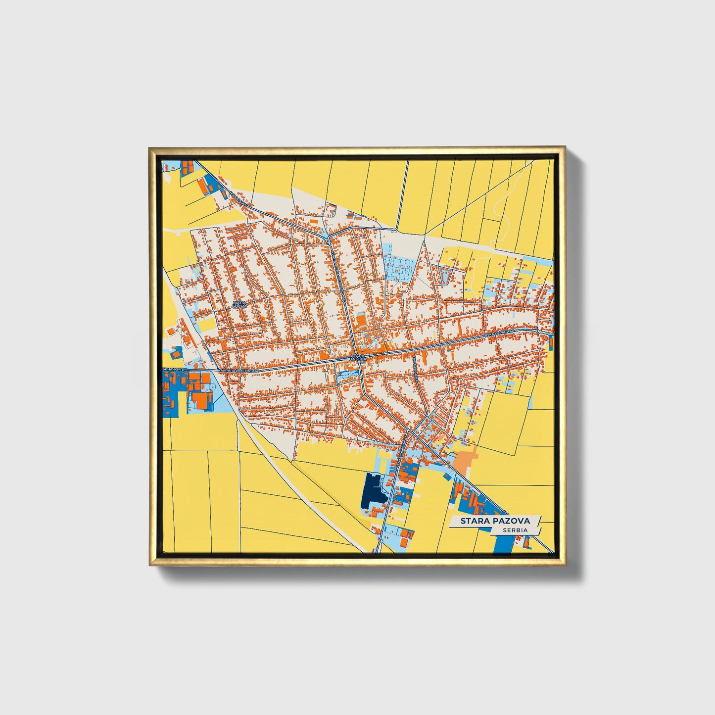 Стара Пазова Serbia Colorful City Map Canvas Print • Gold Framed