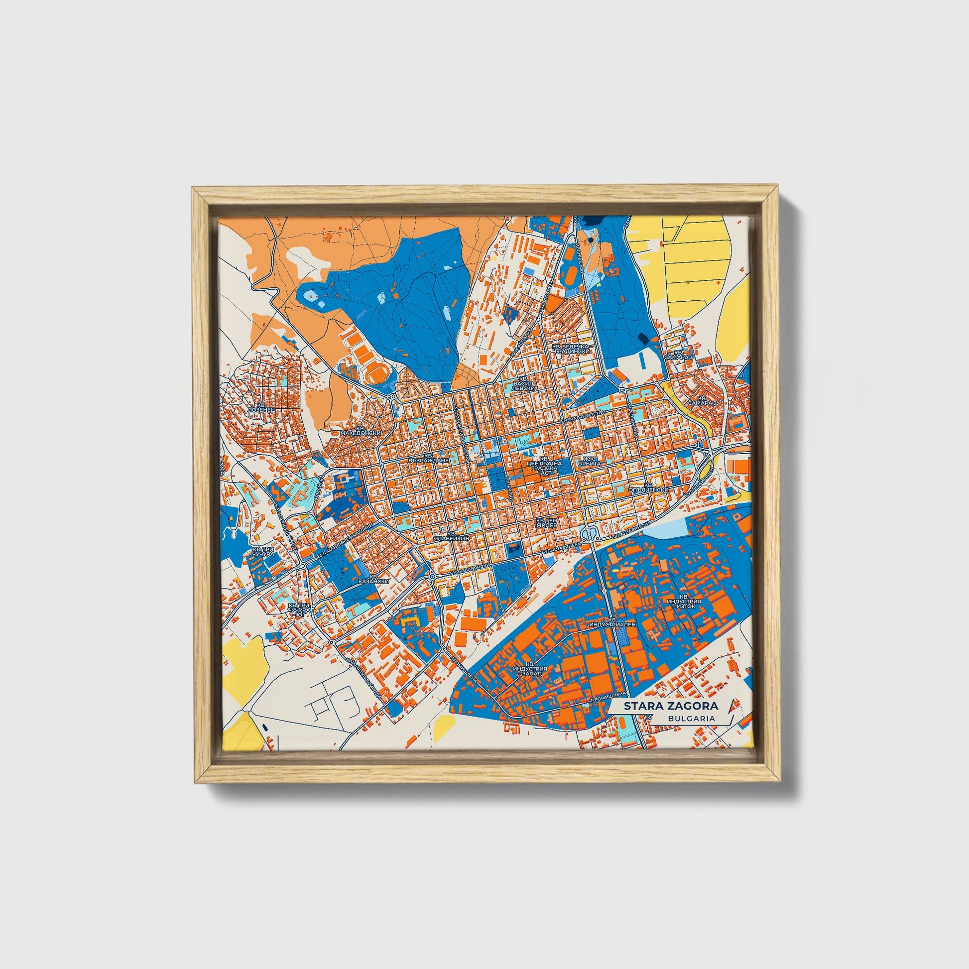 Стара Загора Bulgaria Colorful City Map Canvas Print • Natural Wooden Framed