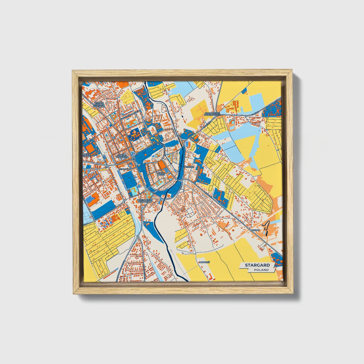 Stargard Poland Colorful City Map Canvas Print • Natural Wooden Framed