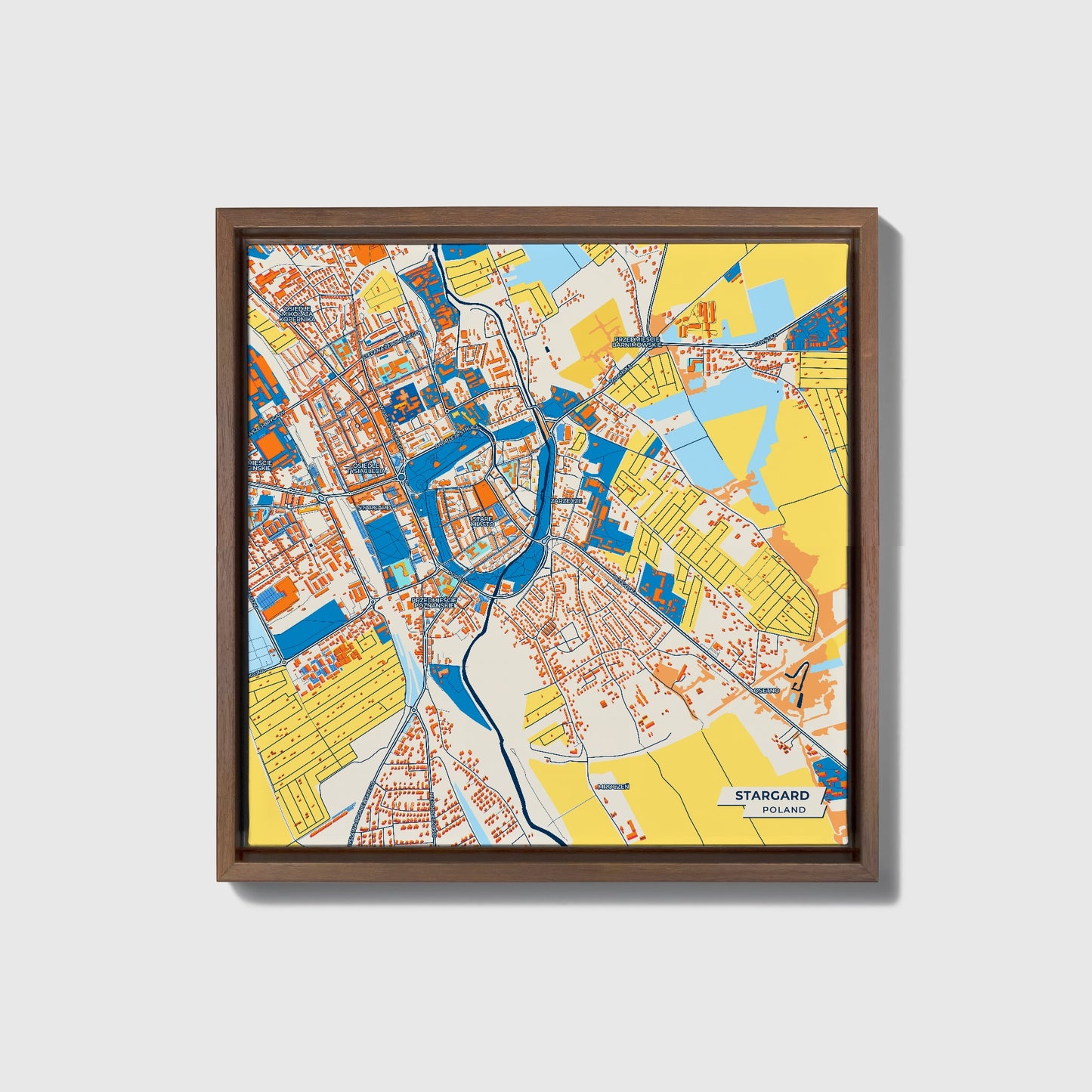 Stargard Poland Colorful City Map Canvas Print • Dark Wooden Framed