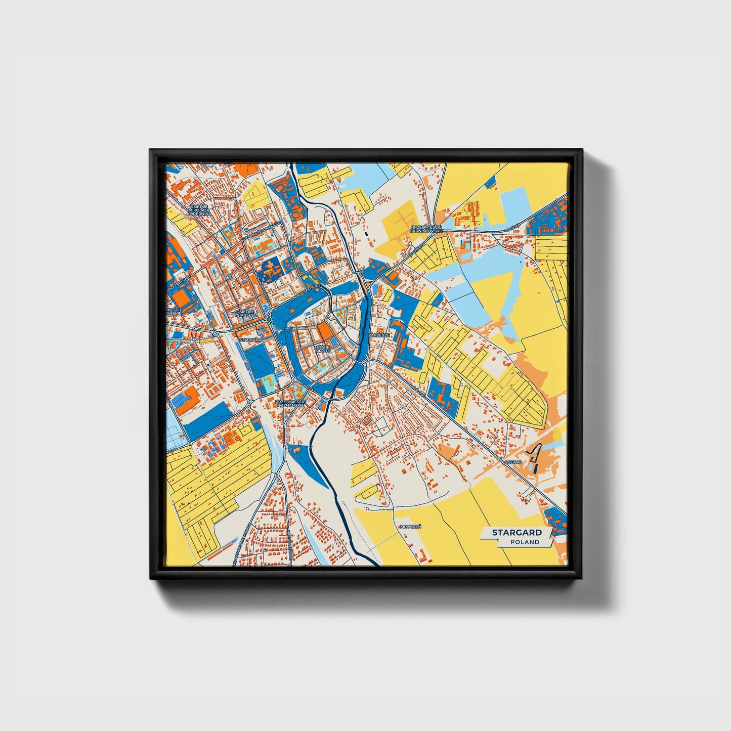 Stargard Poland Colorful City Map Canvas Print • Black Framed