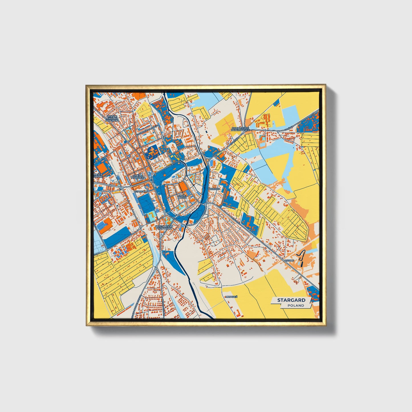 Stargard Poland Colorful City Map Canvas Print • Gold Framed