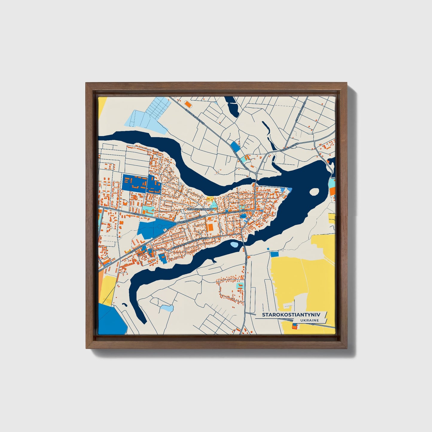 Старокостіантинив Ukraine Colorful City Map Canvas Print • Dark Wooden Framed