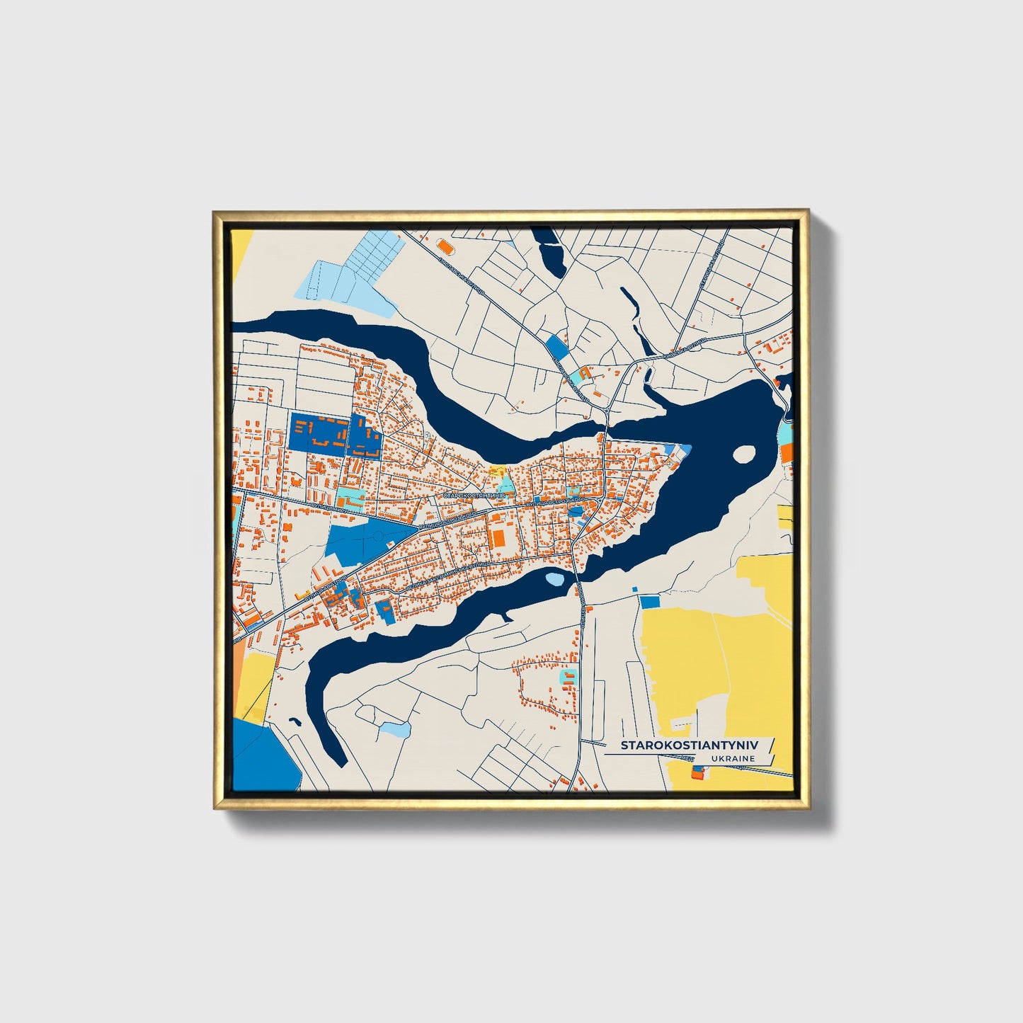 Старокостіантинив Ukraine Colorful City Map Canvas Print • Gold Framed