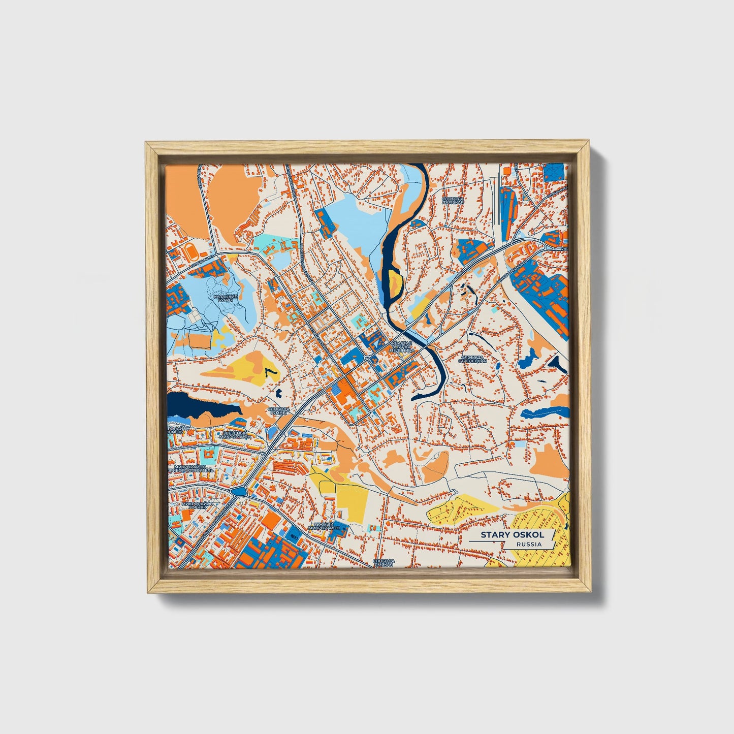 Старый Оскол Russia Colorful City Map Canvas Print • Natural Wooden Framed