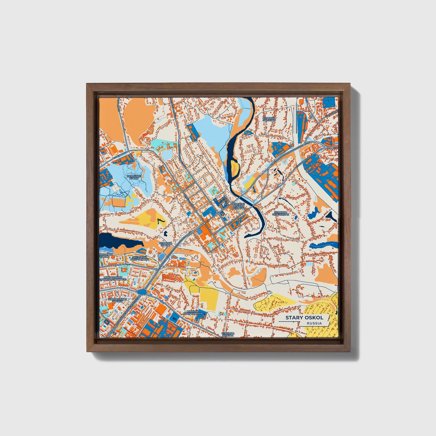 Старый Оскол Russia Colorful City Map Canvas Print • Dark Wooden Framed
