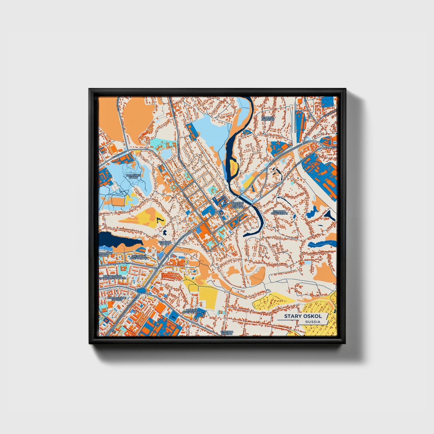 Старый Оскол Russia Colorful City Map Canvas Print • Black Framed