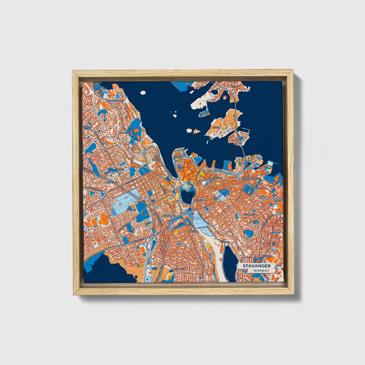 Stavanger Norway Colorful City Map Canvas Print • Natural Wooden Framed