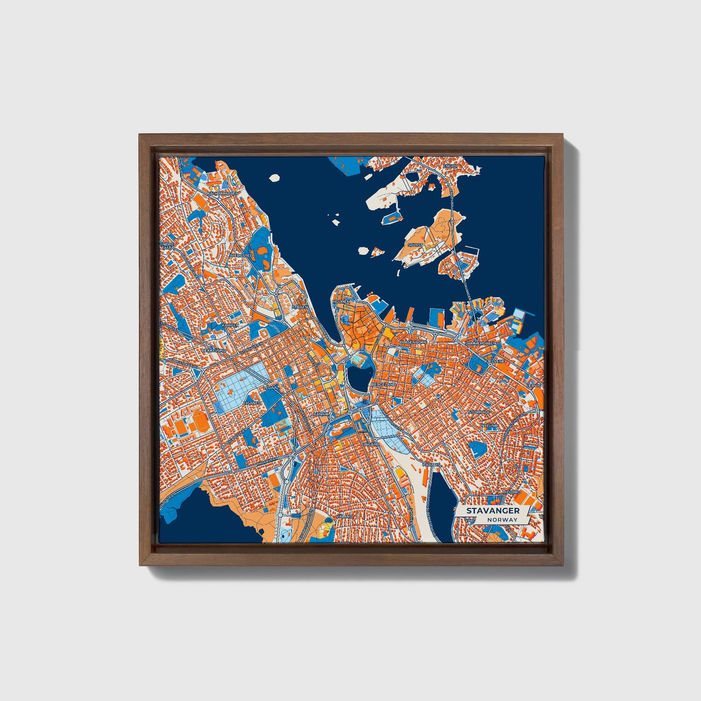 Stavanger Norway Colorful City Map Canvas Print • Dark Wooden Framed