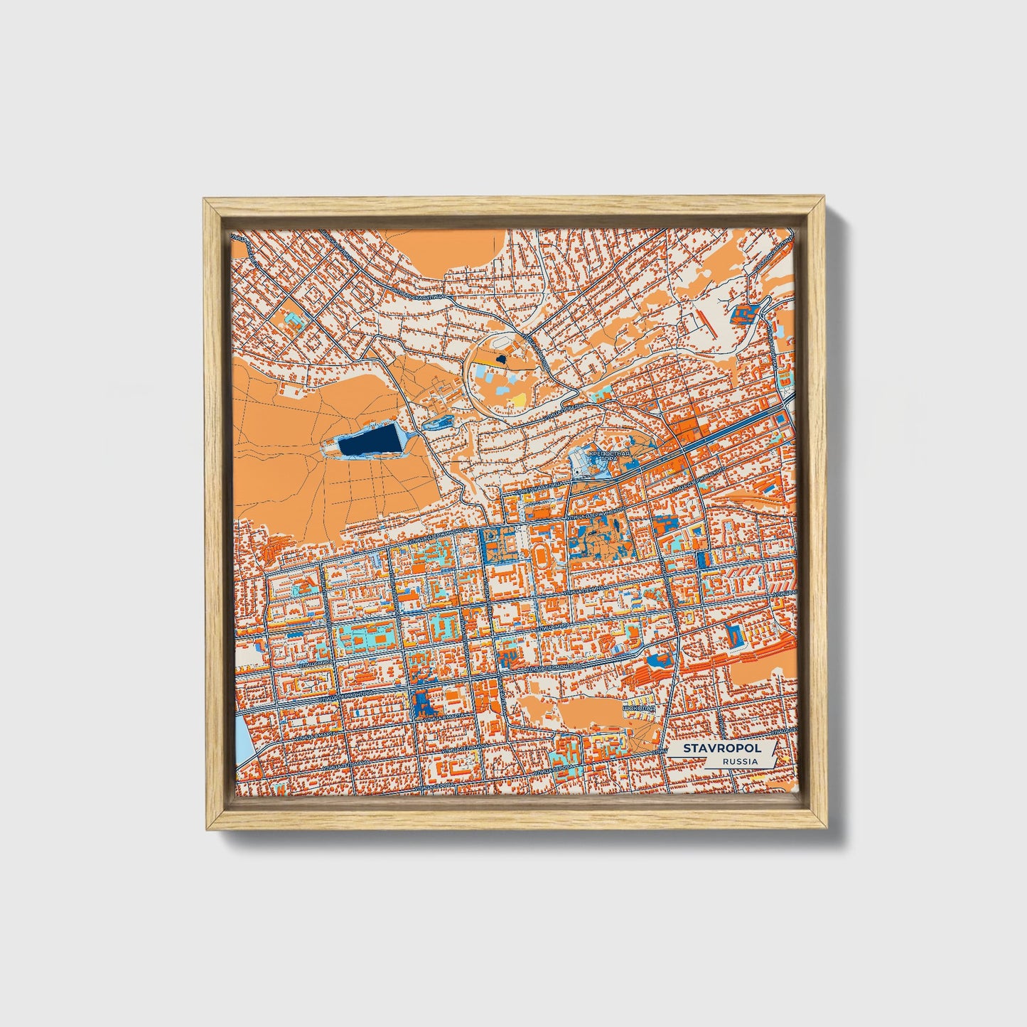 Ставропольский Russia Colorful City Map Canvas Print • Natural Wooden Framed