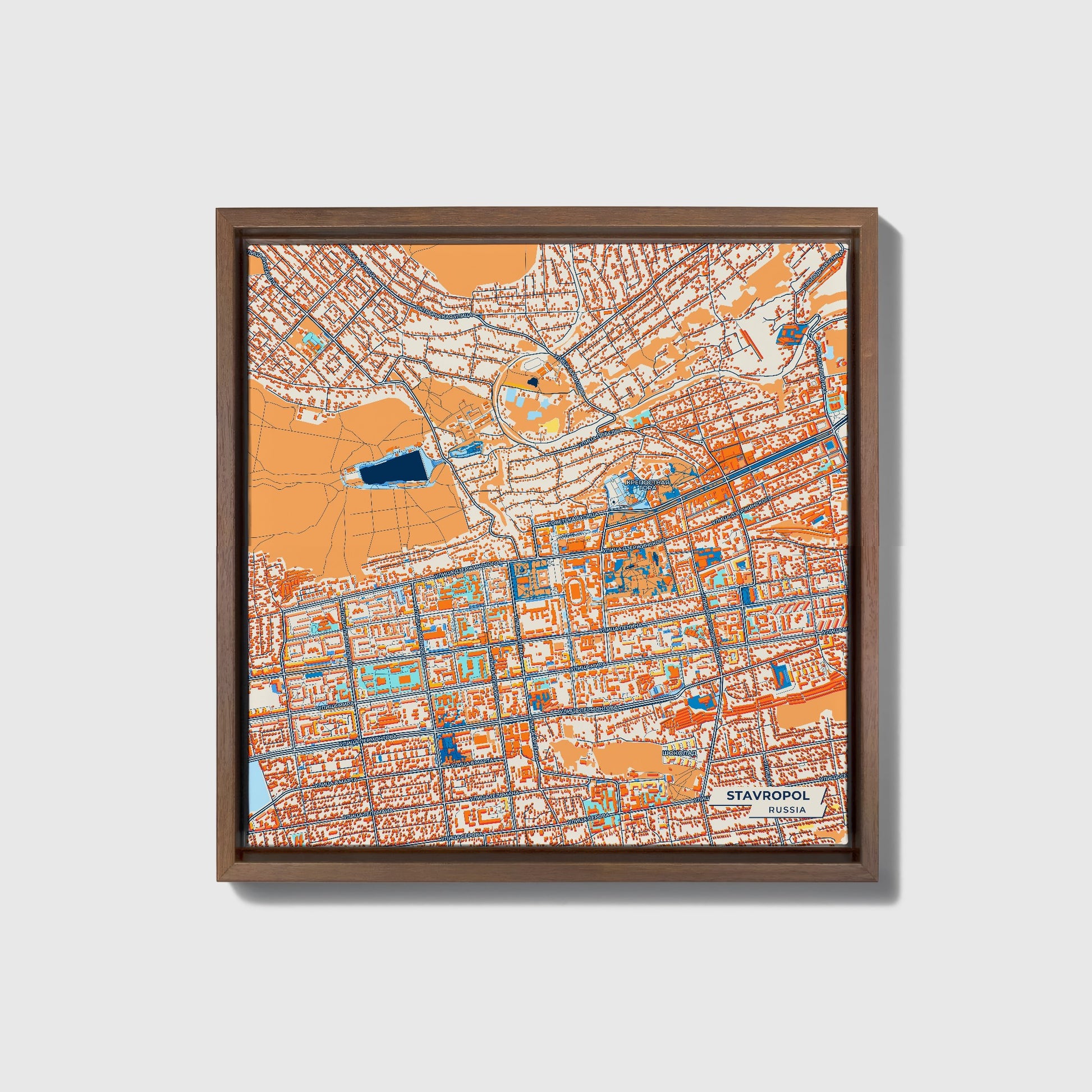 Ставропольский Russia Colorful City Map Canvas Print • Dark Wooden Framed