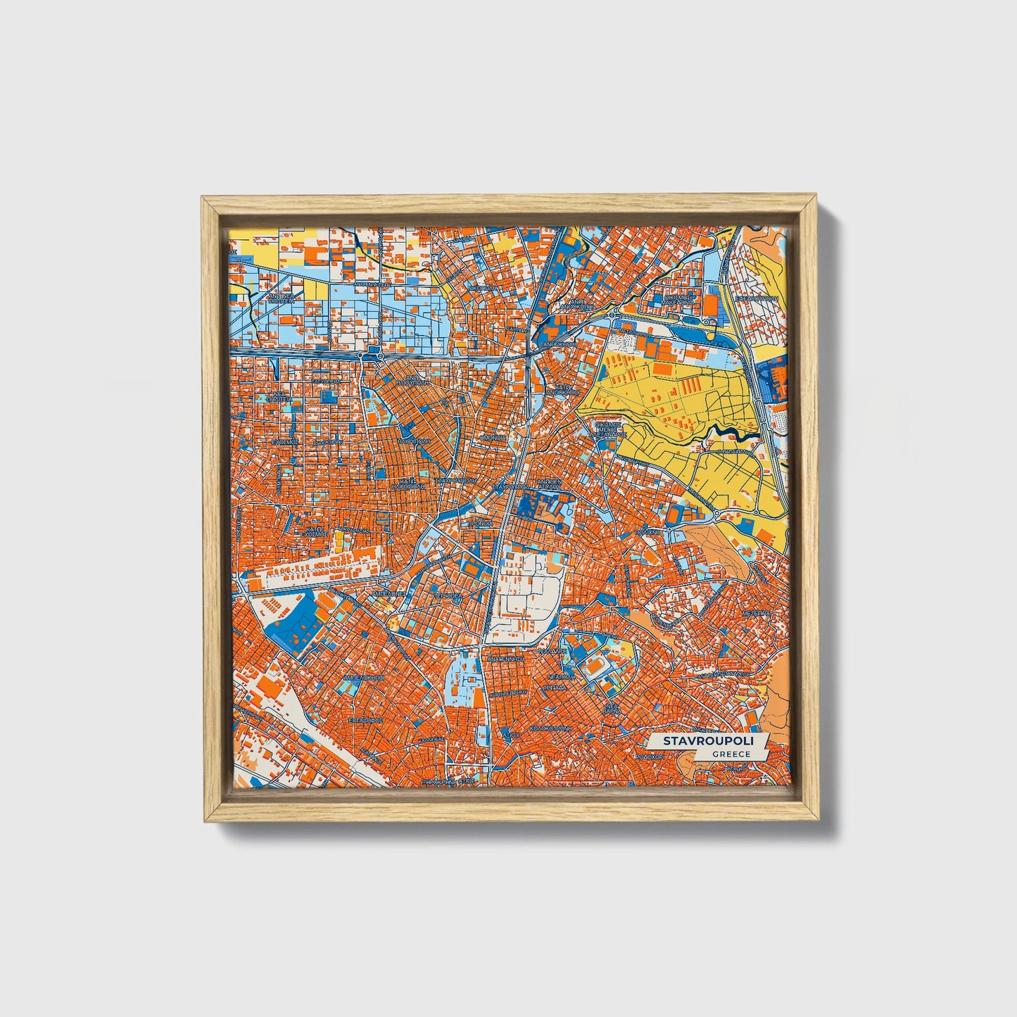 Stavroupoli Greece Colorful City Map Canvas Print • Natural Wooden Framed