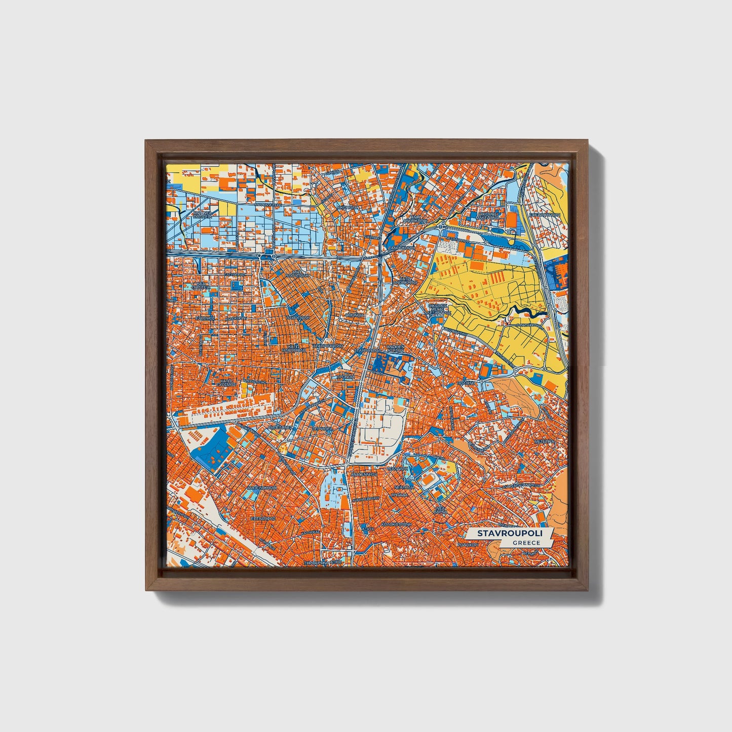 Stavroupoli Greece Colorful City Map Canvas Print • Dark Wooden Framed