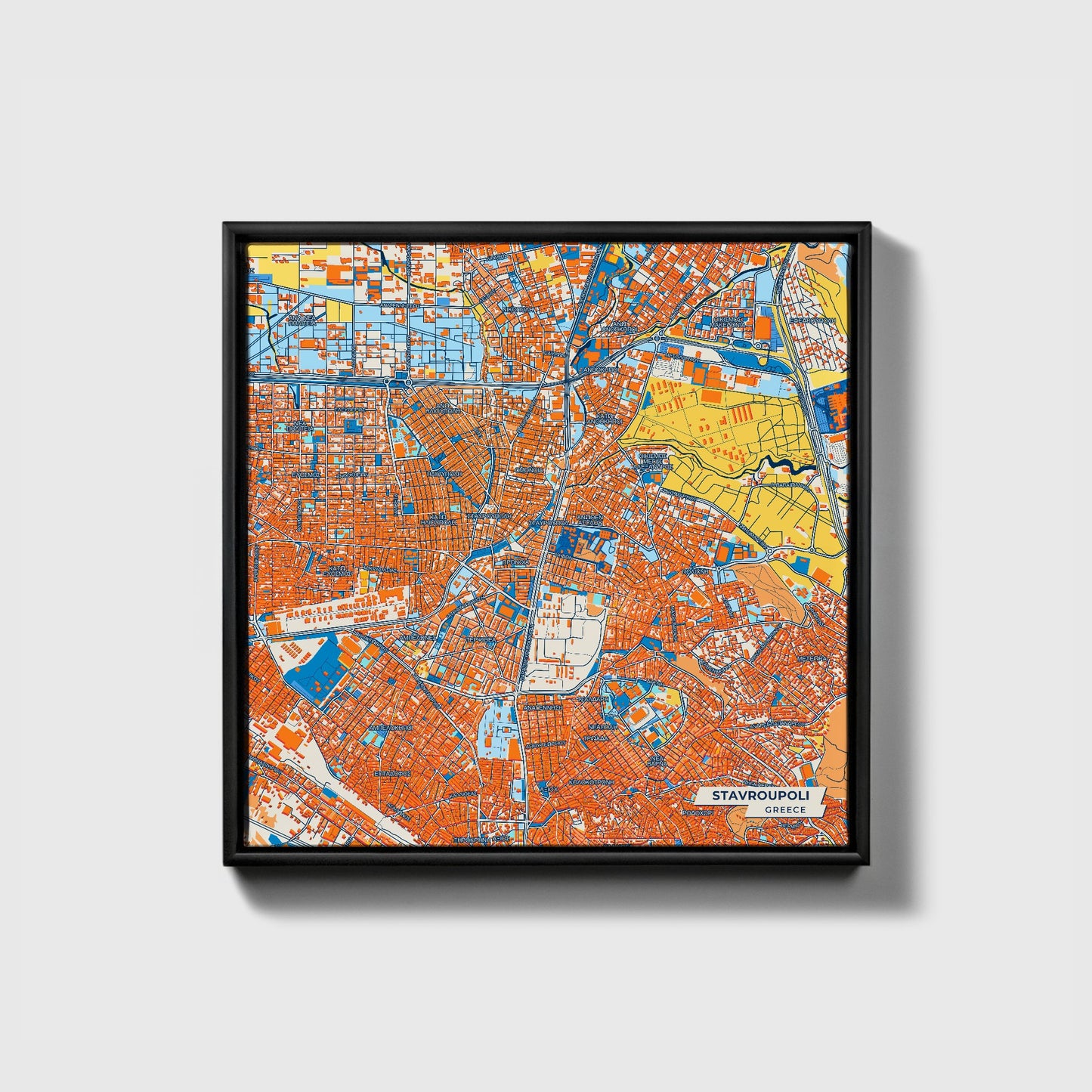 Stavroupoli Greece Colorful City Map Canvas Print • Black Framed