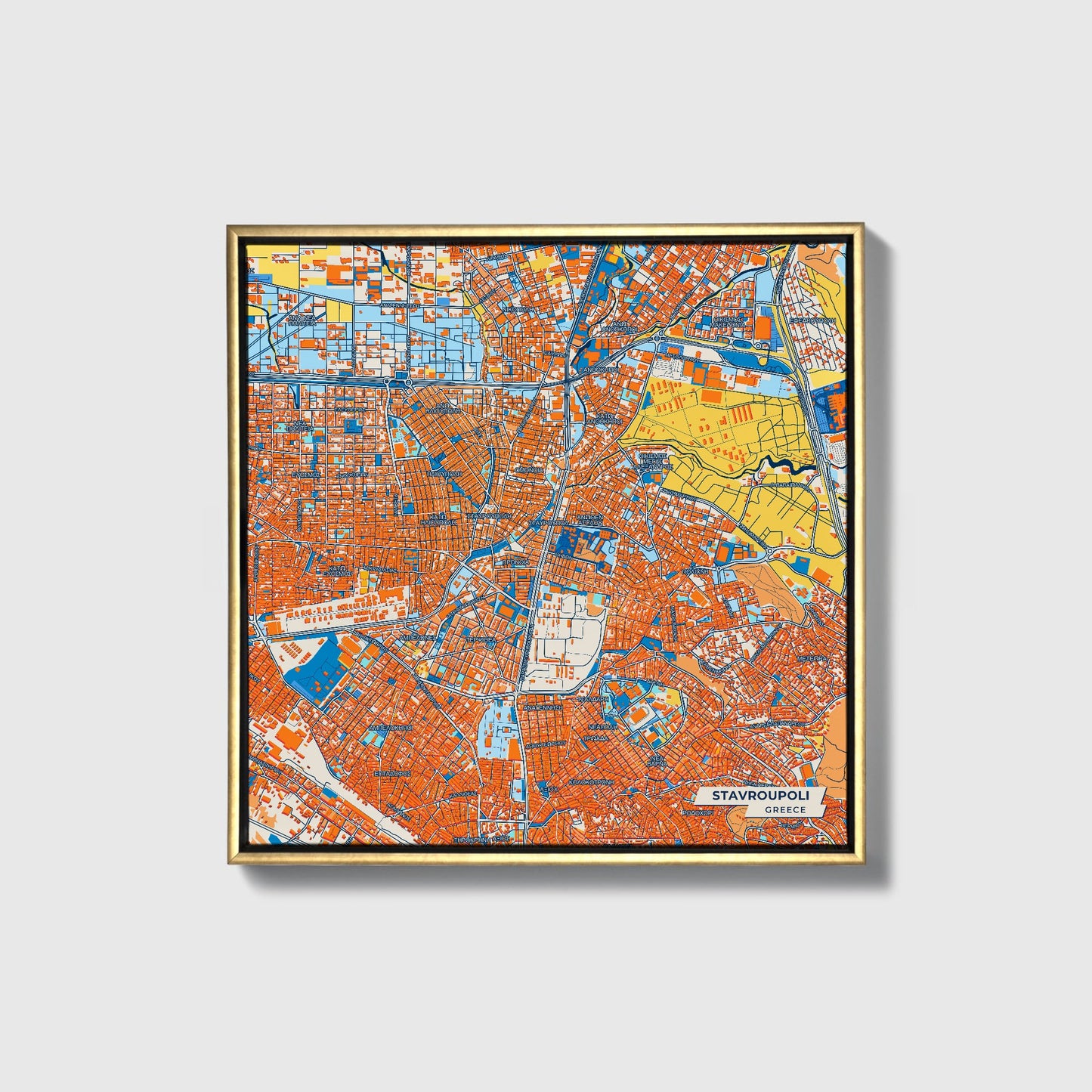 Stavroupoli Greece Colorful City Map Canvas Print • Gold Framed