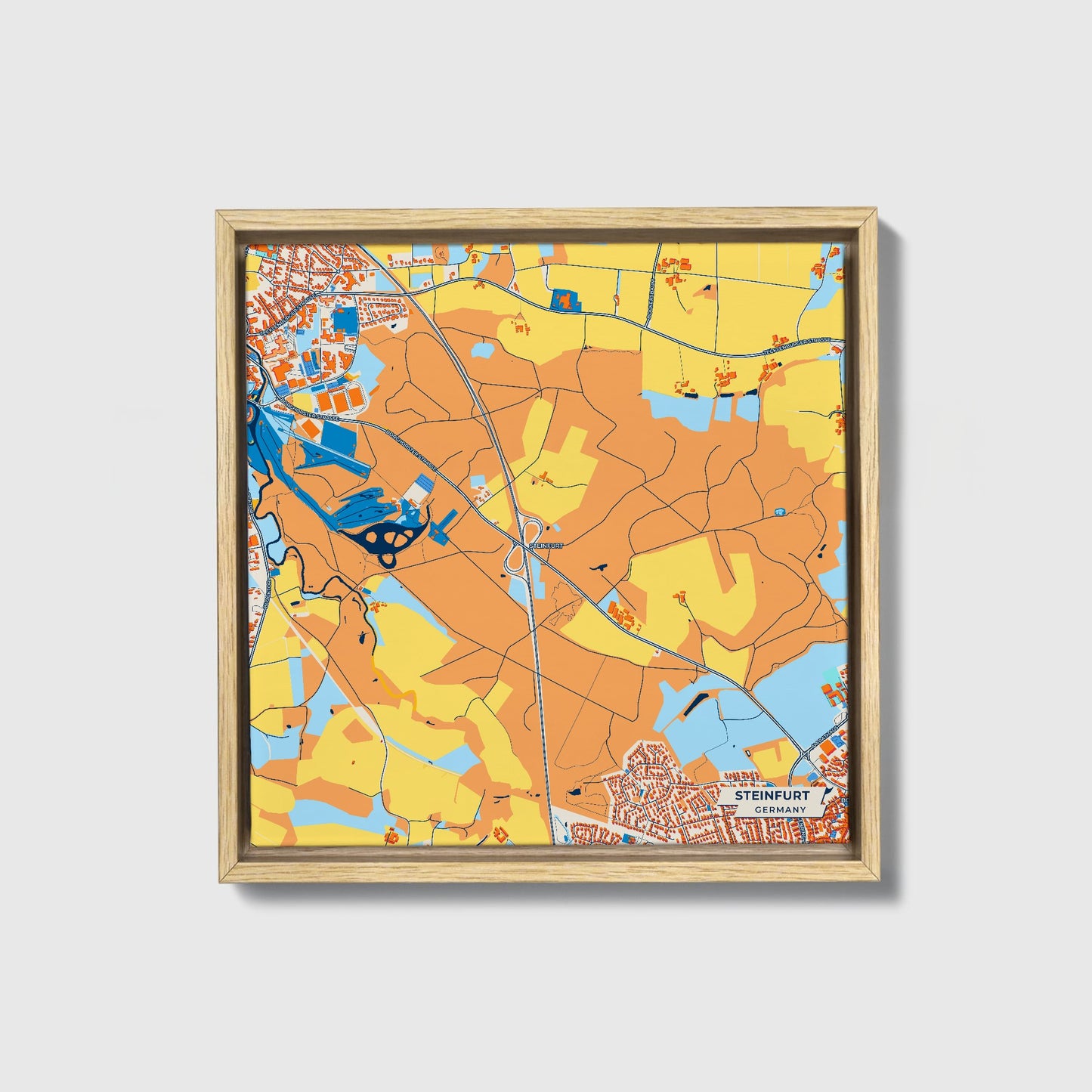 Steinfurt Germany Colorful City Map Canvas Print • Natural Wooden Framed