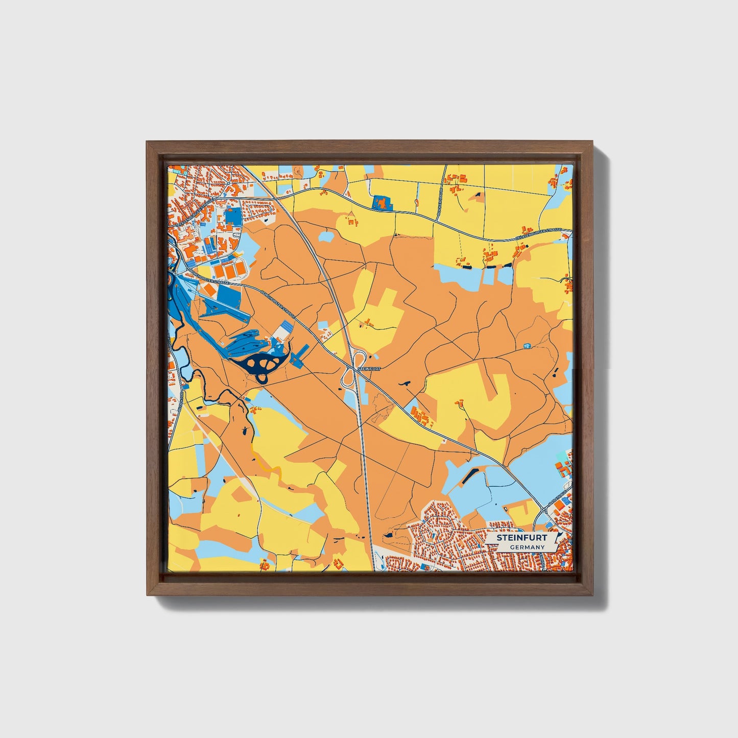 Steinfurt Germany Colorful City Map Canvas Print • Dark Wooden Framed