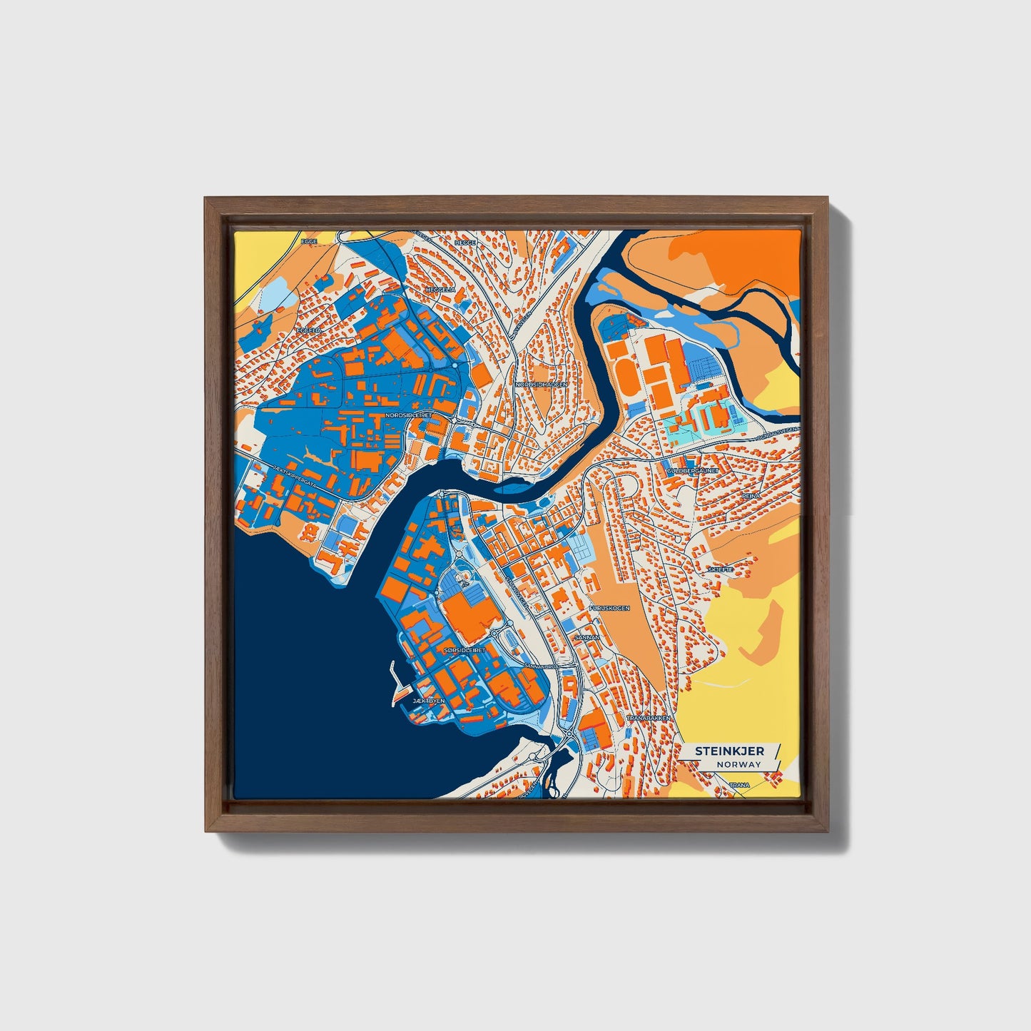 Steinkjer Norway Colorful City Map Canvas Print • Dark Wooden Framed