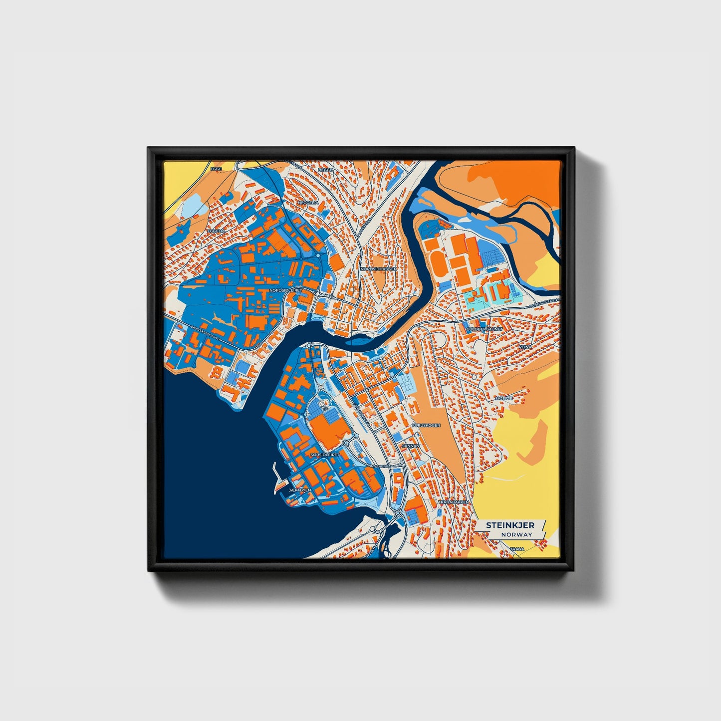 Steinkjer Norway Colorful City Map Canvas Print • Black Framed