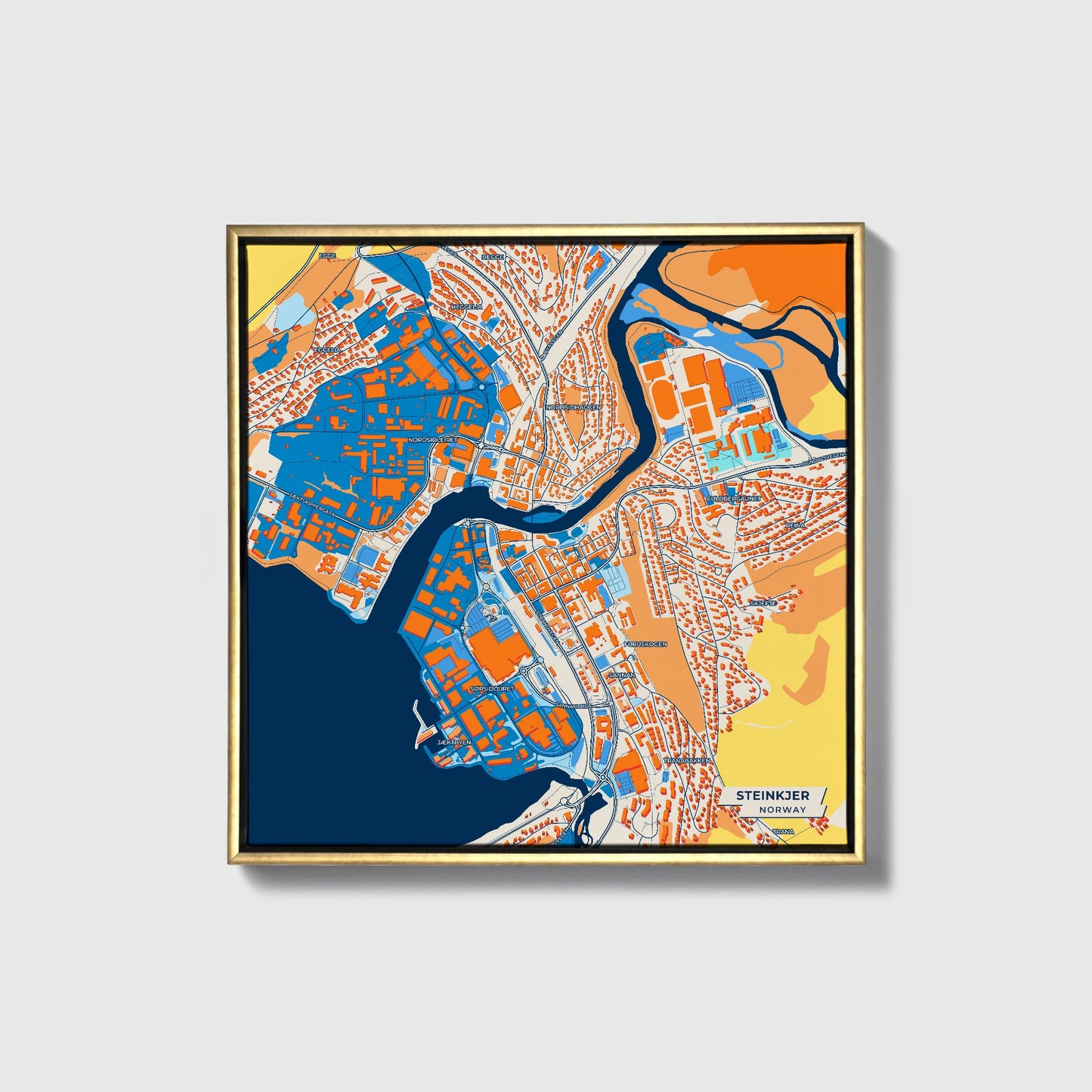 Steinkjer Norway Colorful City Map Canvas Print • Gold Framed