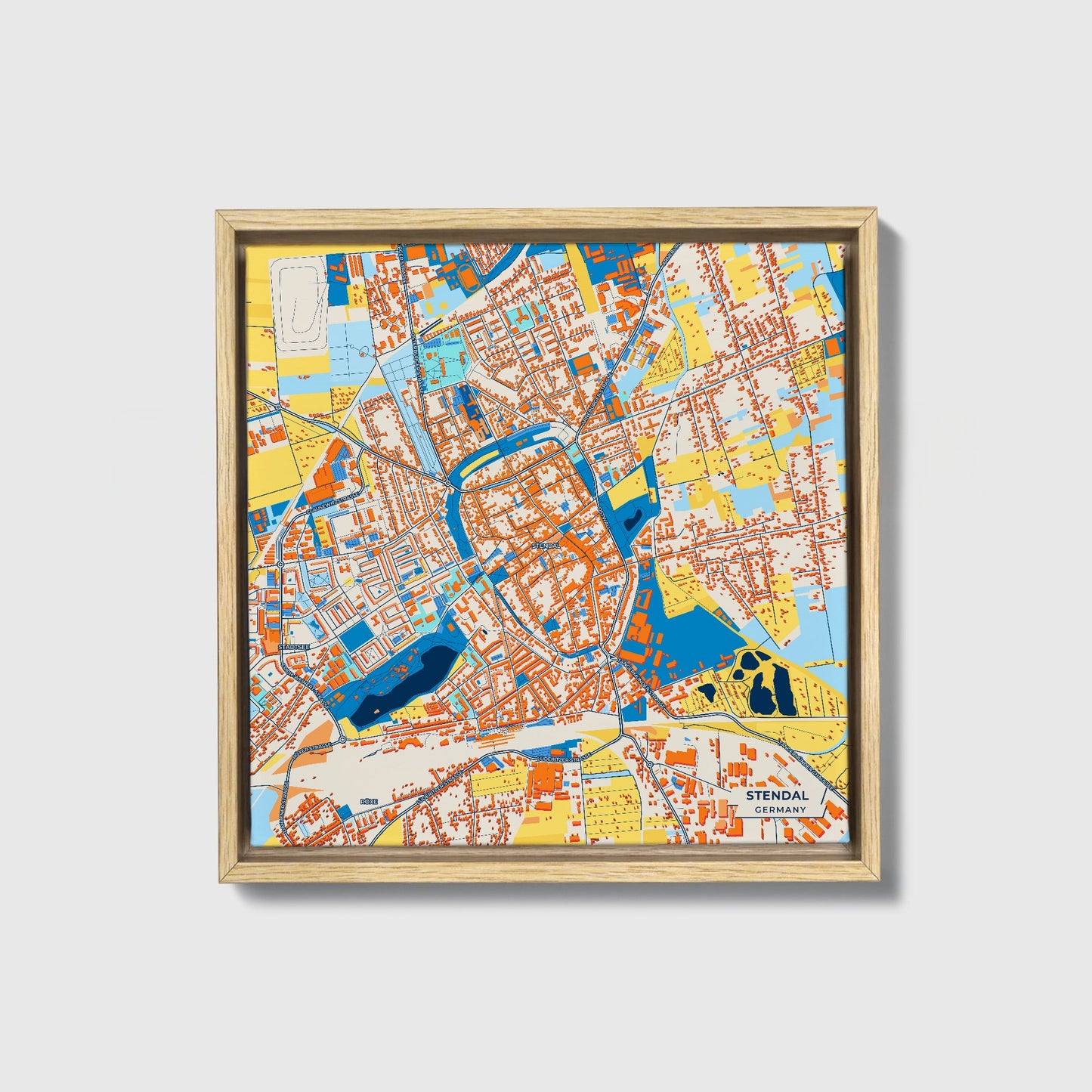 Stendal Germany Colorful City Map Canvas Print • Natural Wooden Framed