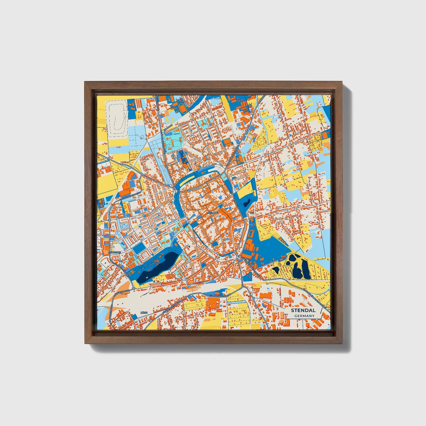 Stendal Germany Colorful City Map Canvas Print • Dark Wooden Framed