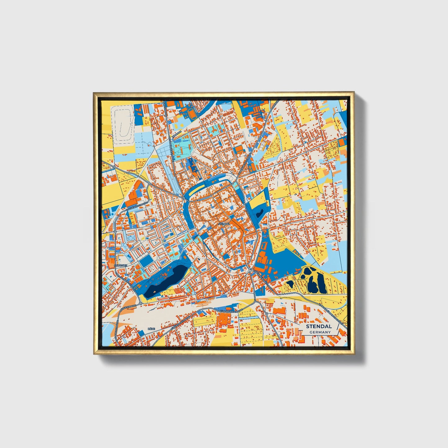 Stendal Germany Colorful City Map Canvas Print • Gold Framed