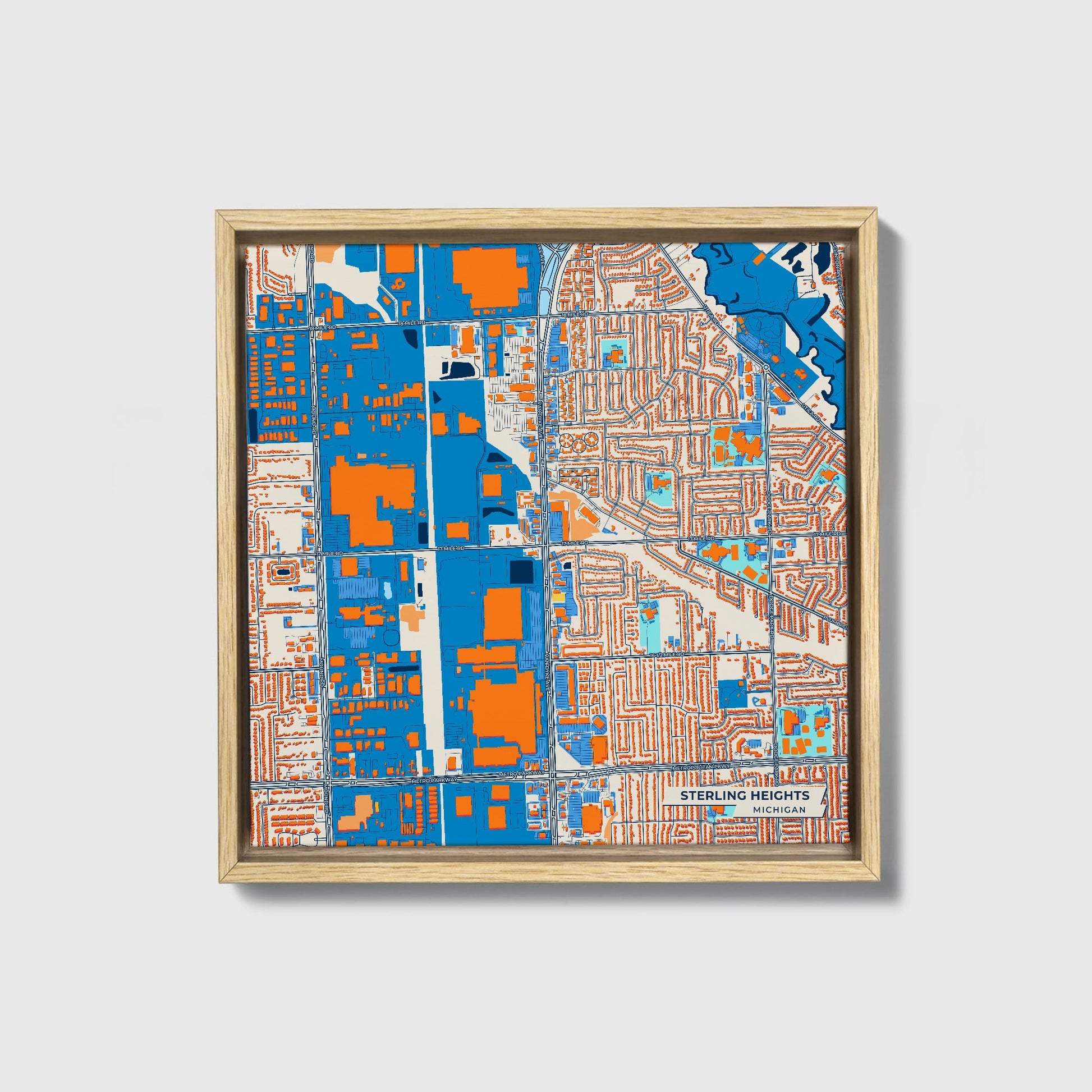 Sterling Heights Michigan Colorful City Map Canvas Print • Natural Wooden Framed