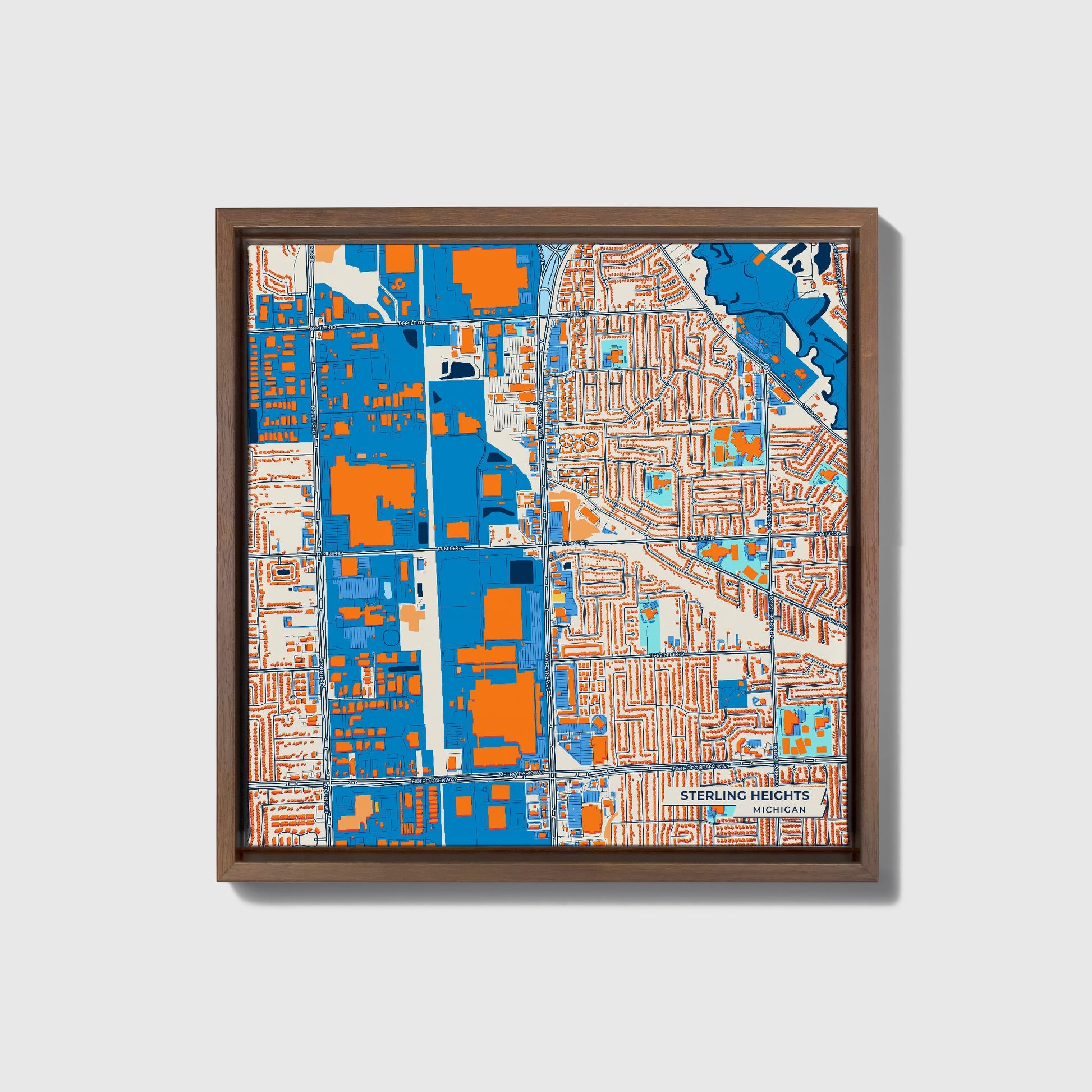 Sterling Heights Michigan Colorful City Map Canvas Print • Dark Wooden Framed
