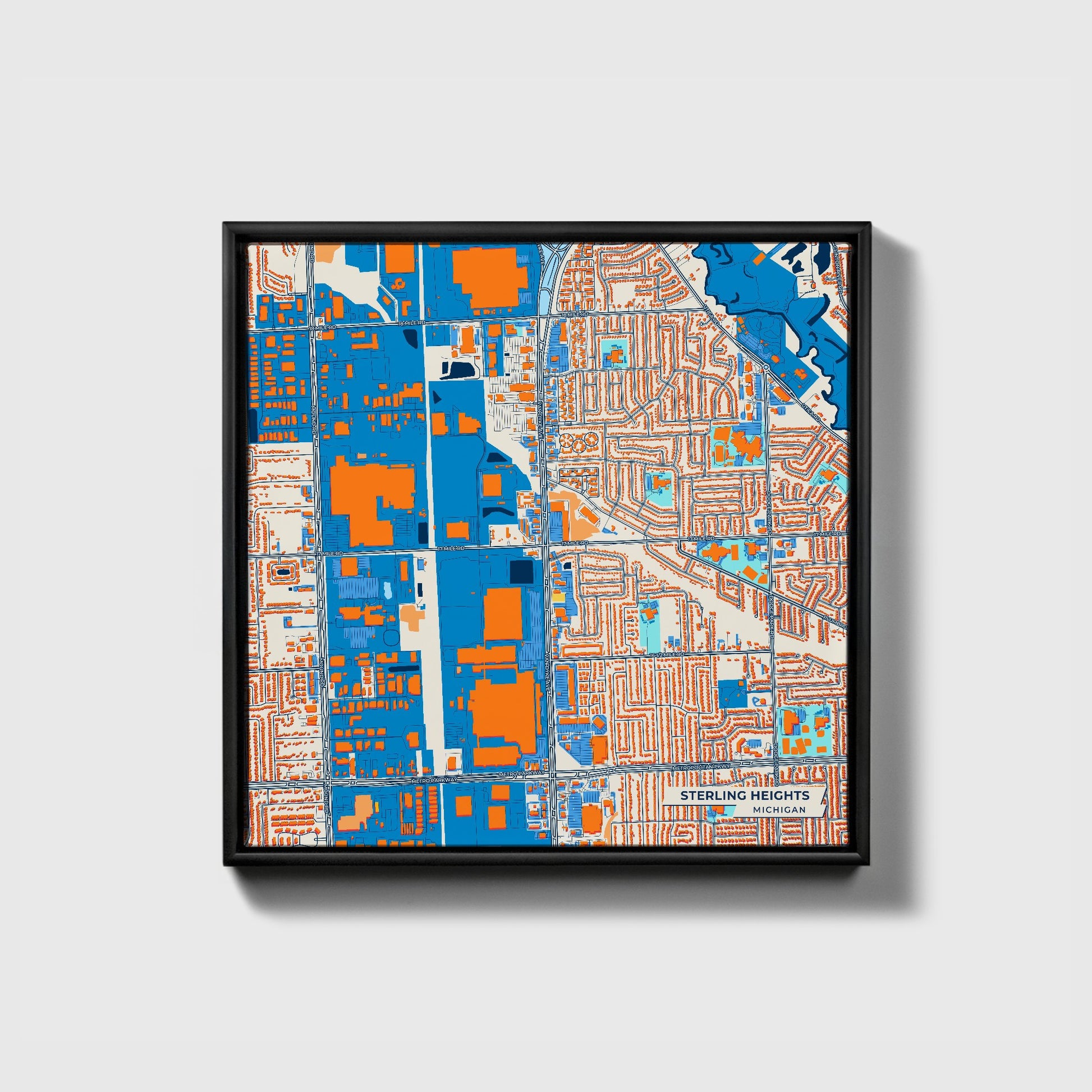 Sterling Heights Michigan Colorful City Map Canvas Print • Black Framed