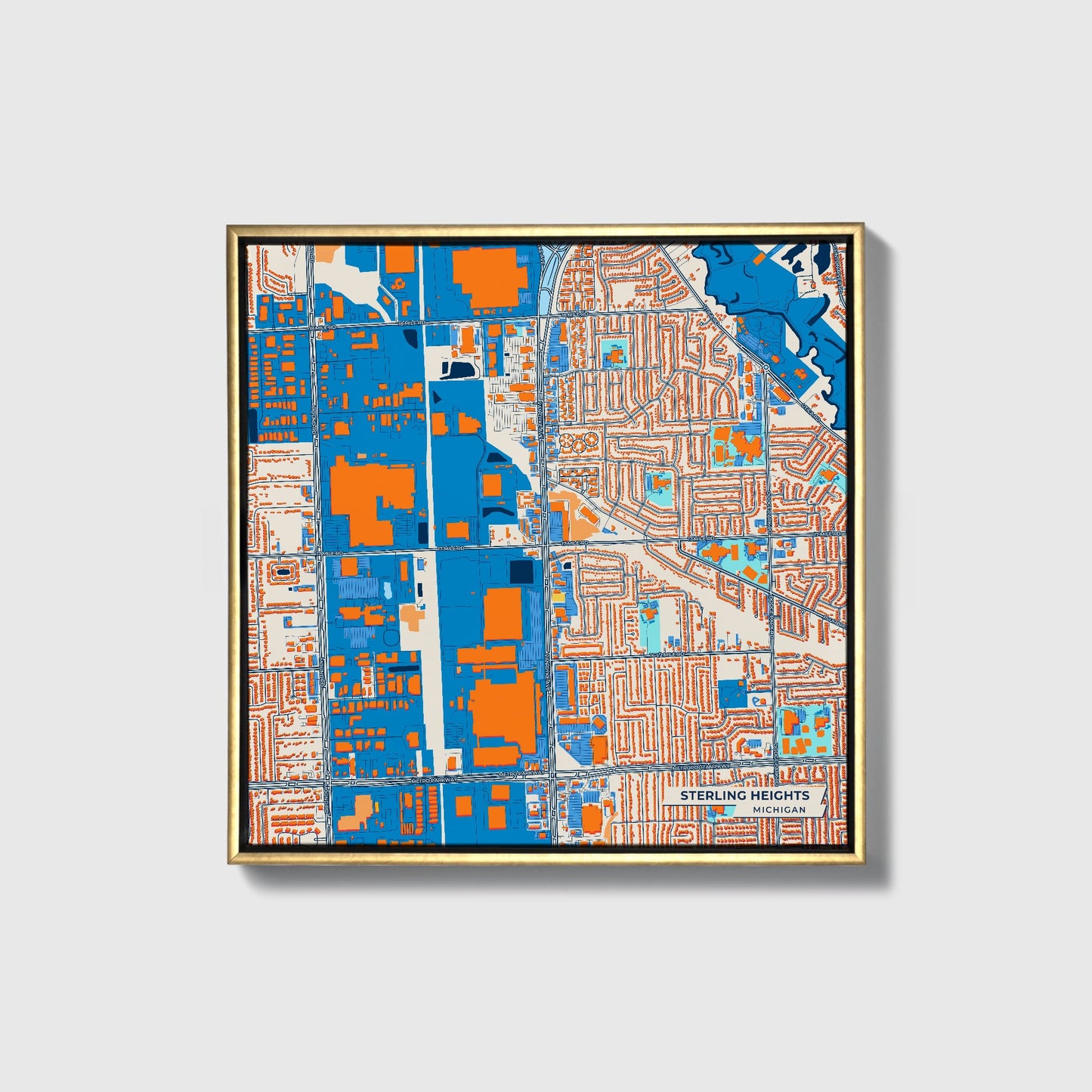 Sterling Heights Michigan Colorful City Map Canvas Print • Gold Framed