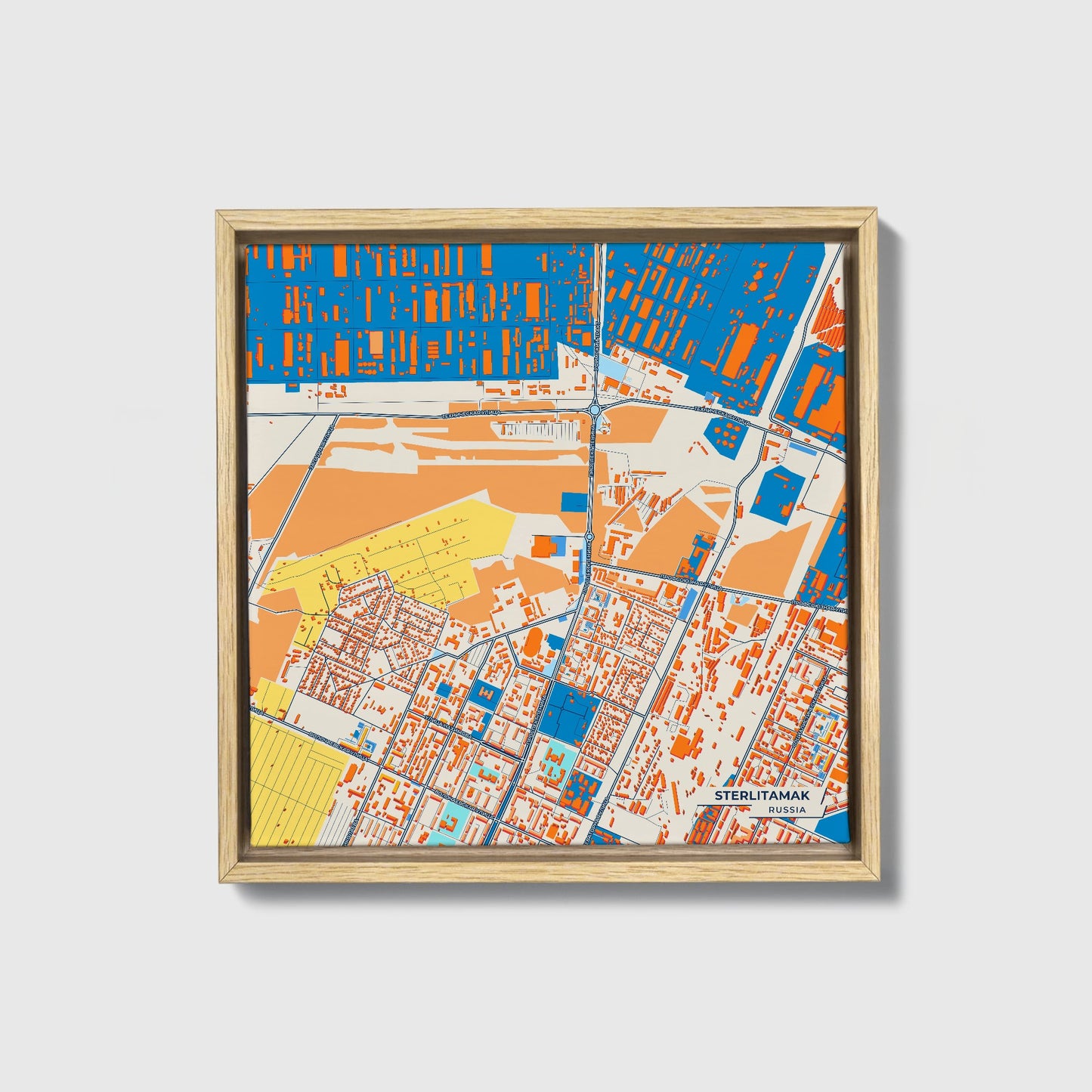 Стерлитамак Russia Colorful City Map Canvas Print • Natural Wooden Framed