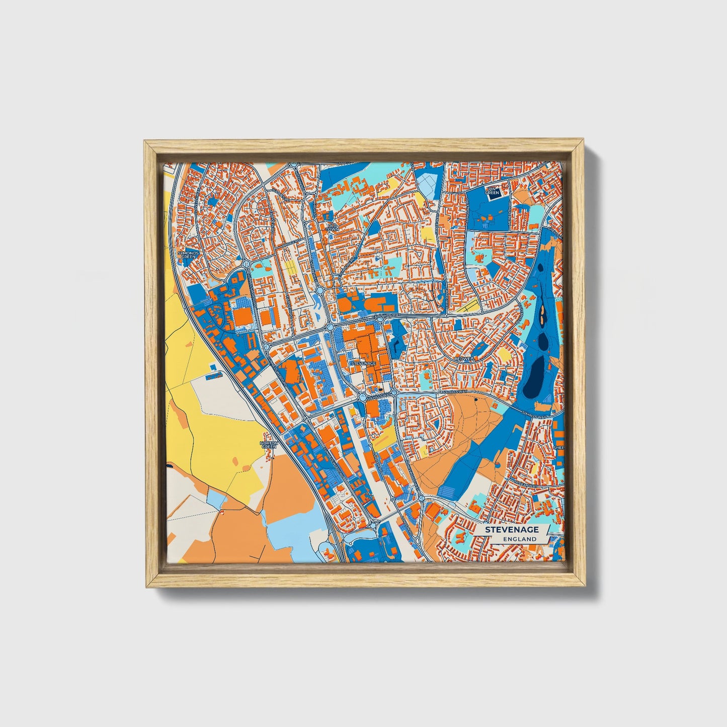 Stevenage England Colorful City Map Canvas Print • Natural Wooden Framed