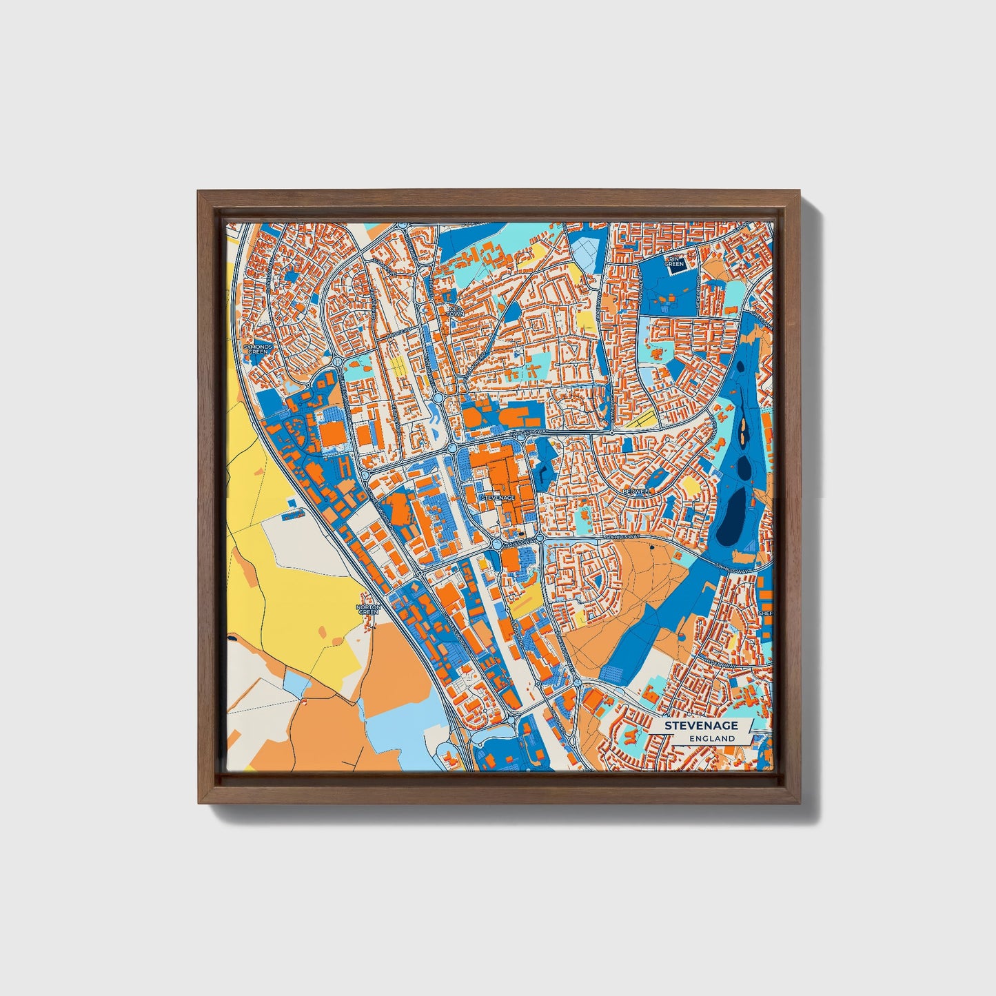 Stevenage England Colorful City Map Canvas Print • Dark Wooden Framed