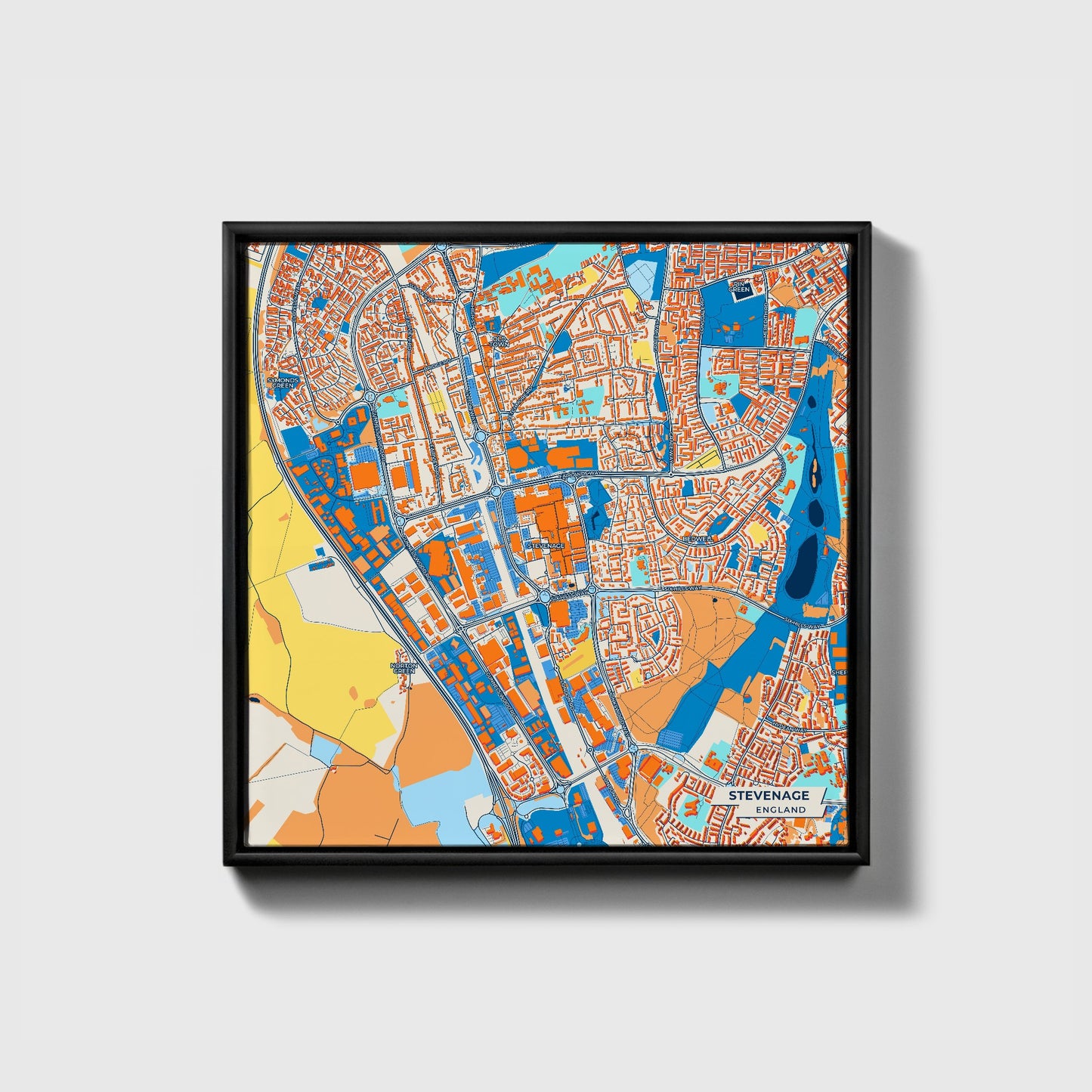 Stevenage England Colorful City Map Canvas Print • Black Framed