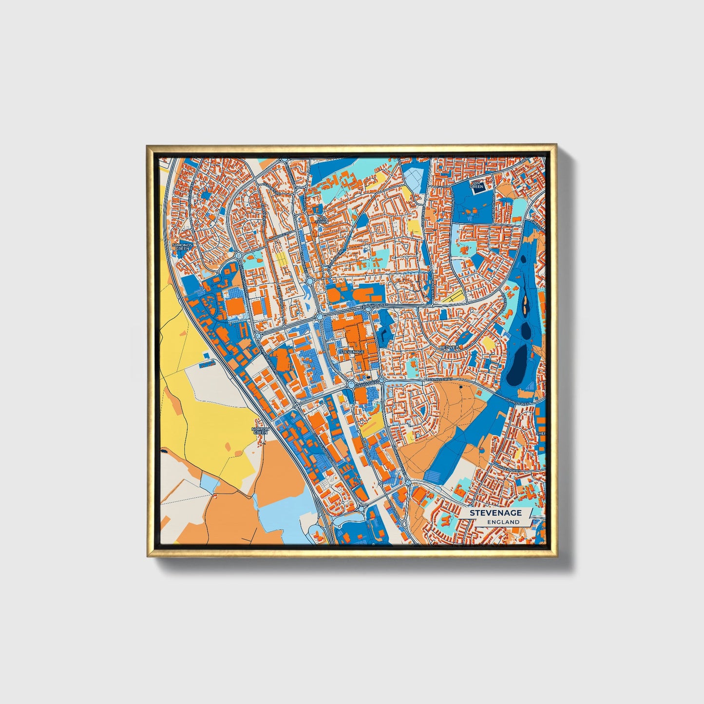 Stevenage England Colorful City Map Canvas Print • Gold Framed